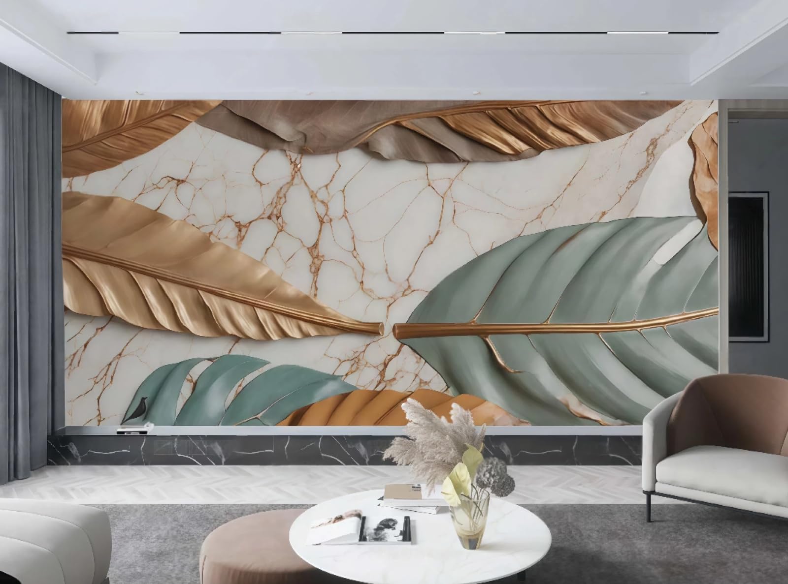 Tapeta nowoczesna trójwymiarowa kawa zielone liście łupek łączenie brązowy marmurowy wzór TV sofa tło ściana sypialnia salon gabinet mural, 3D, 150 x 105 cm