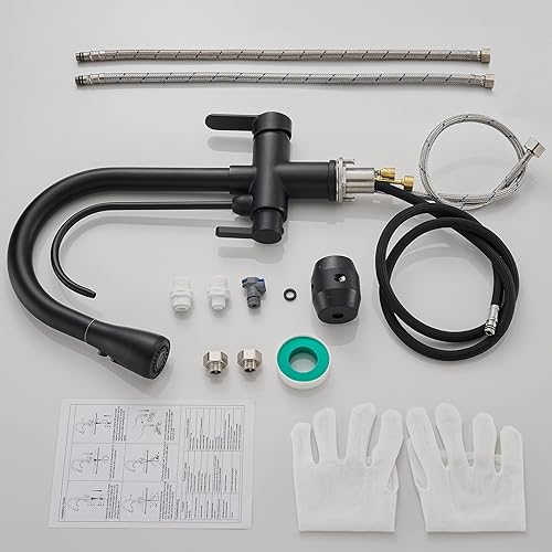 Miniatura 8 de Grifo de cocina 3 en 1 con grifo de agua potable, grifo de filtro de grifo de fregadero de cocina con rociador extraíble de 18 pulgadas (negro mate)