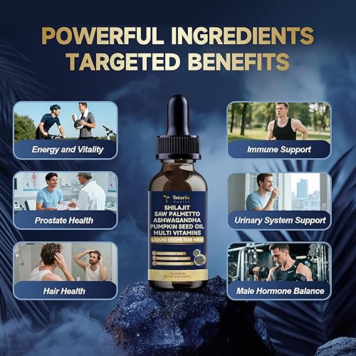 Miniatura 3 de Shilajit - Gotas líquidas con palma enana americana, ashwagandha, aceite de semilla de calabaza, musgo de mar, multivitamínico, Shilajit para