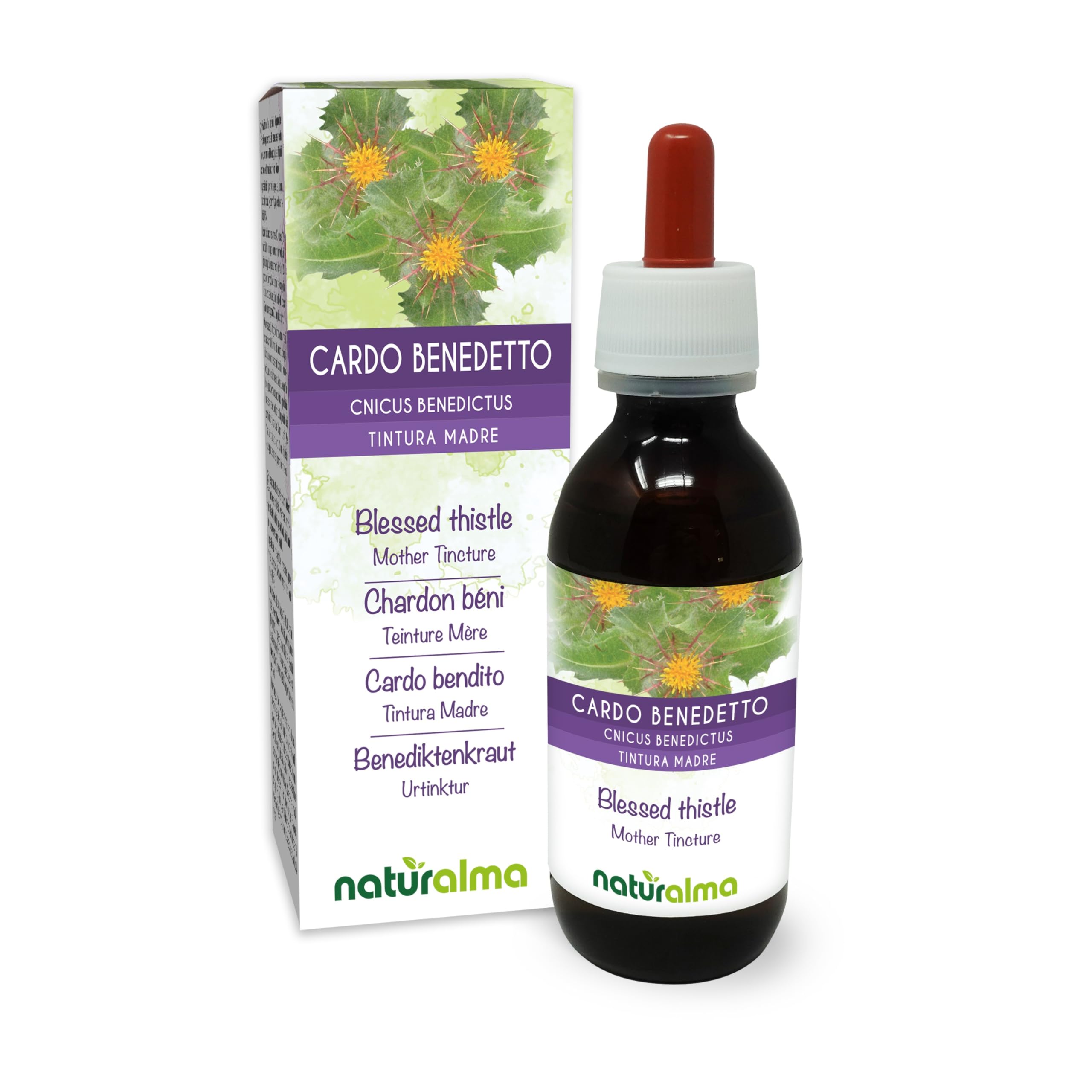 Chardon béni (Cnicus benedictus) herbe avec fleurs Teinture Mère sans alcool Naturalma - Extrait liquide gouttes 120 ml - Complément alimentaire - Végétalien ou végan