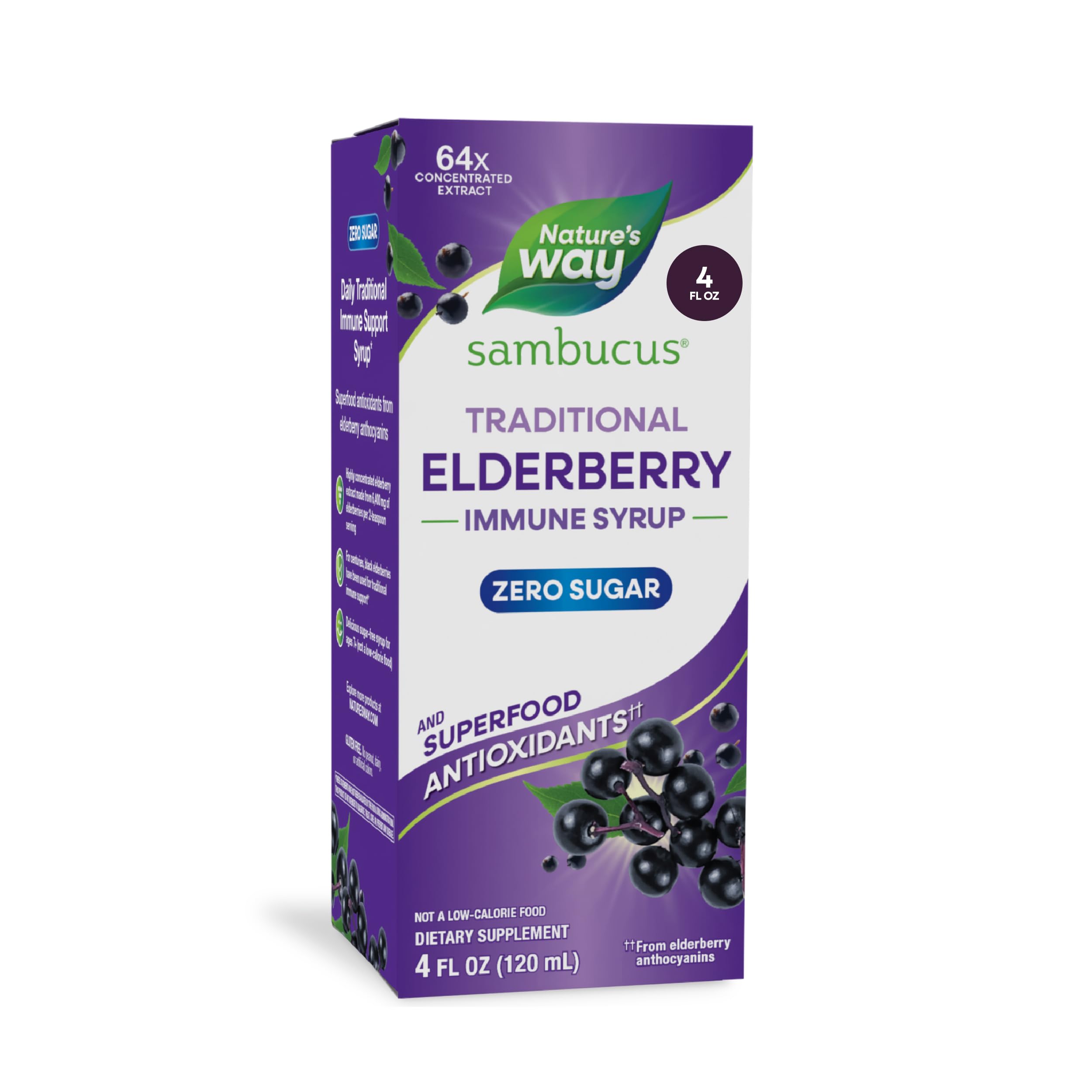 Nature's Way Sambucus Zero Sugar Traditional Elderberry Immune Syrup 554 Fl Oz (Pack of 1) 4 Fl Oz (Pack of 1)