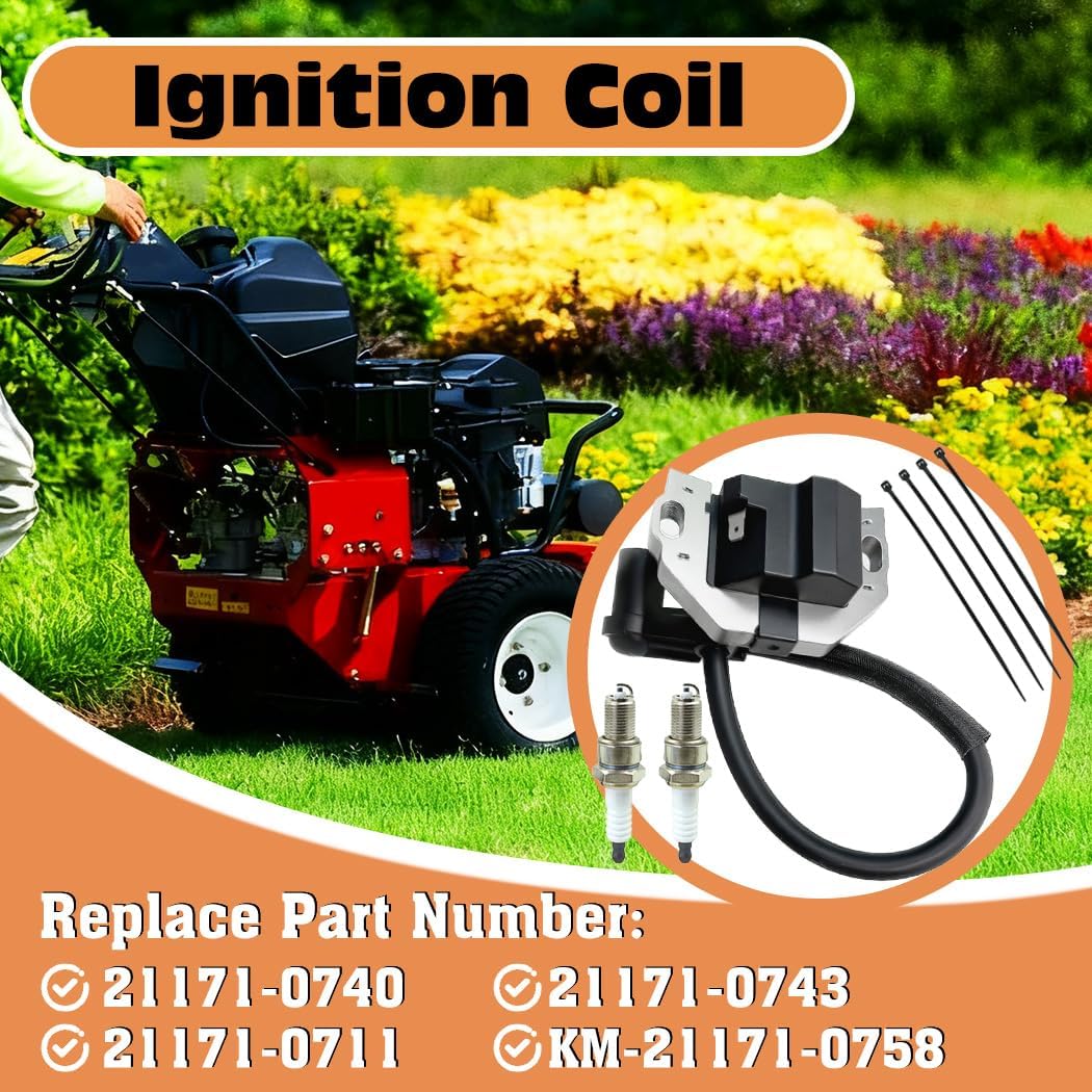 2 Pack of 21171-0740 Ignition Coil Module with Spark Plug for Kawasaki FX730V FR691V FR541V FR651V FR730V FS481V FR600V FS FX Series Lawn Mower Engines, Replace 21171-0743, 21171-0711, KM-21171-0758