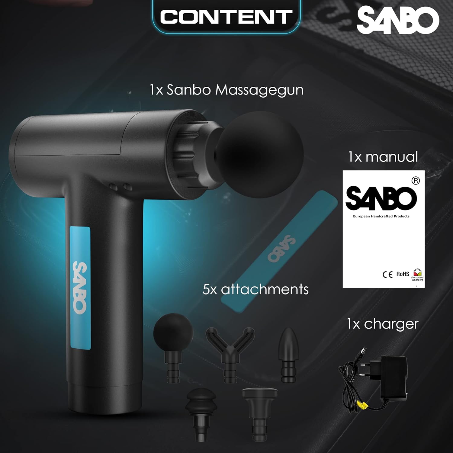 תכולת חבילת אקדח עיסוי Sanbo Prime Gen 4