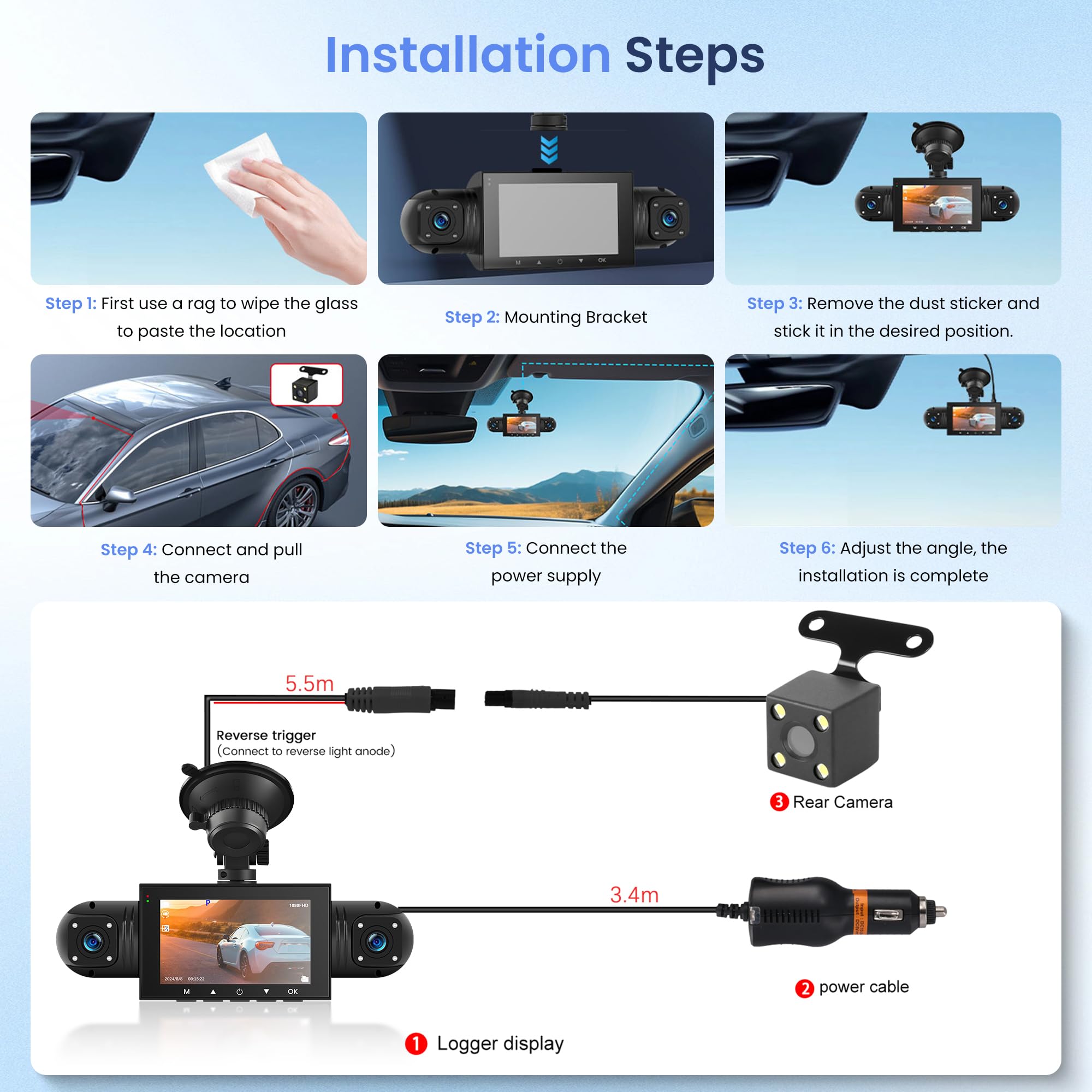 Rimoody Dashcam para Coche 4 Canales 360°, 3 Pulgadas Pantalla IPS, Visión Nocturna, Cuatro Cámaras, Detección de Gravedad, Monitoreo de Estacionamiento, Grabación en Bucle, Compensación de Exposición