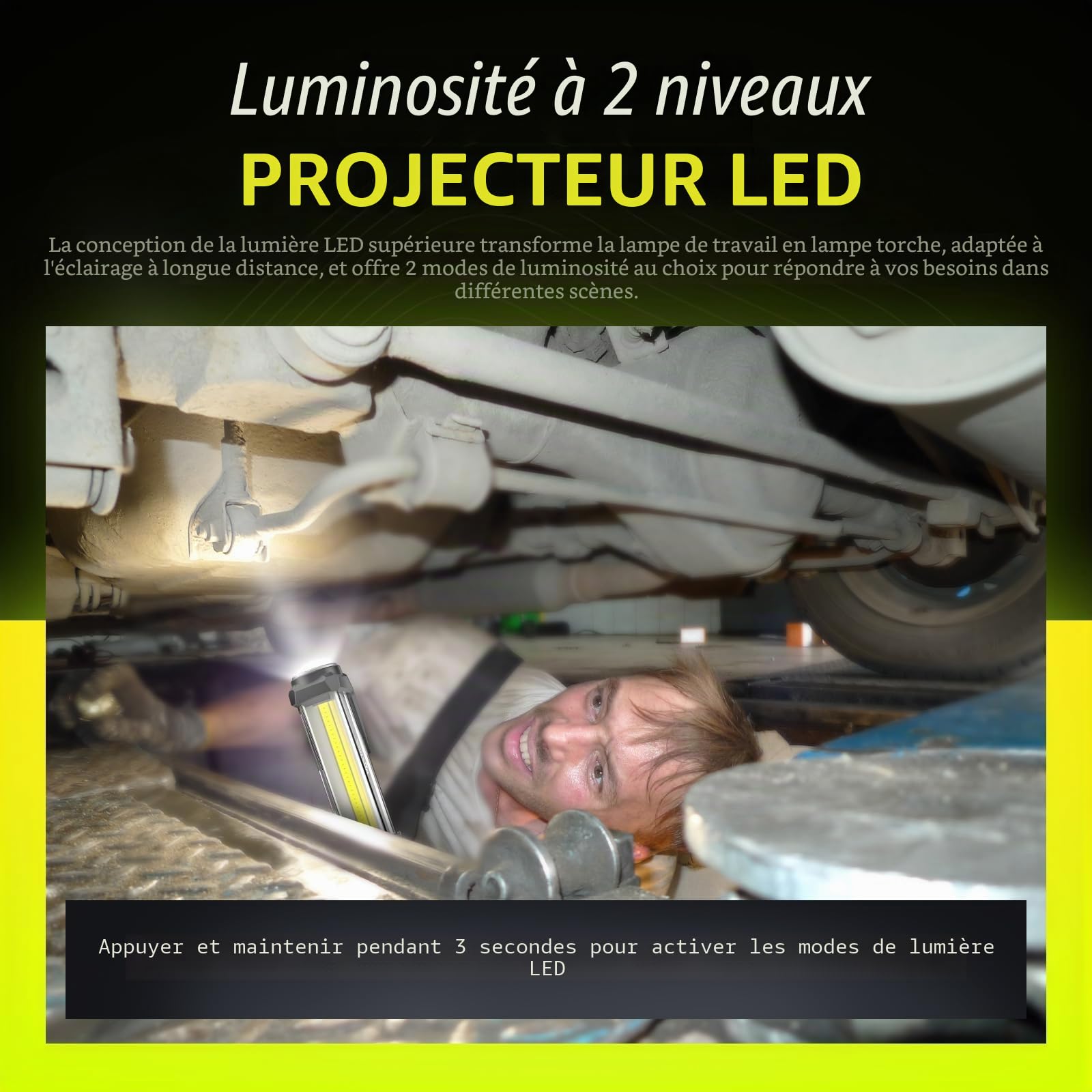 WARSUN Lampe Mecanicien 1500 Lumens Sans fil [Classe A+++], Lampe de Travail Rechargeable COB avec Base Magnétique/Crochet - Baladeuse LED Puissante pour Garage, Jaune