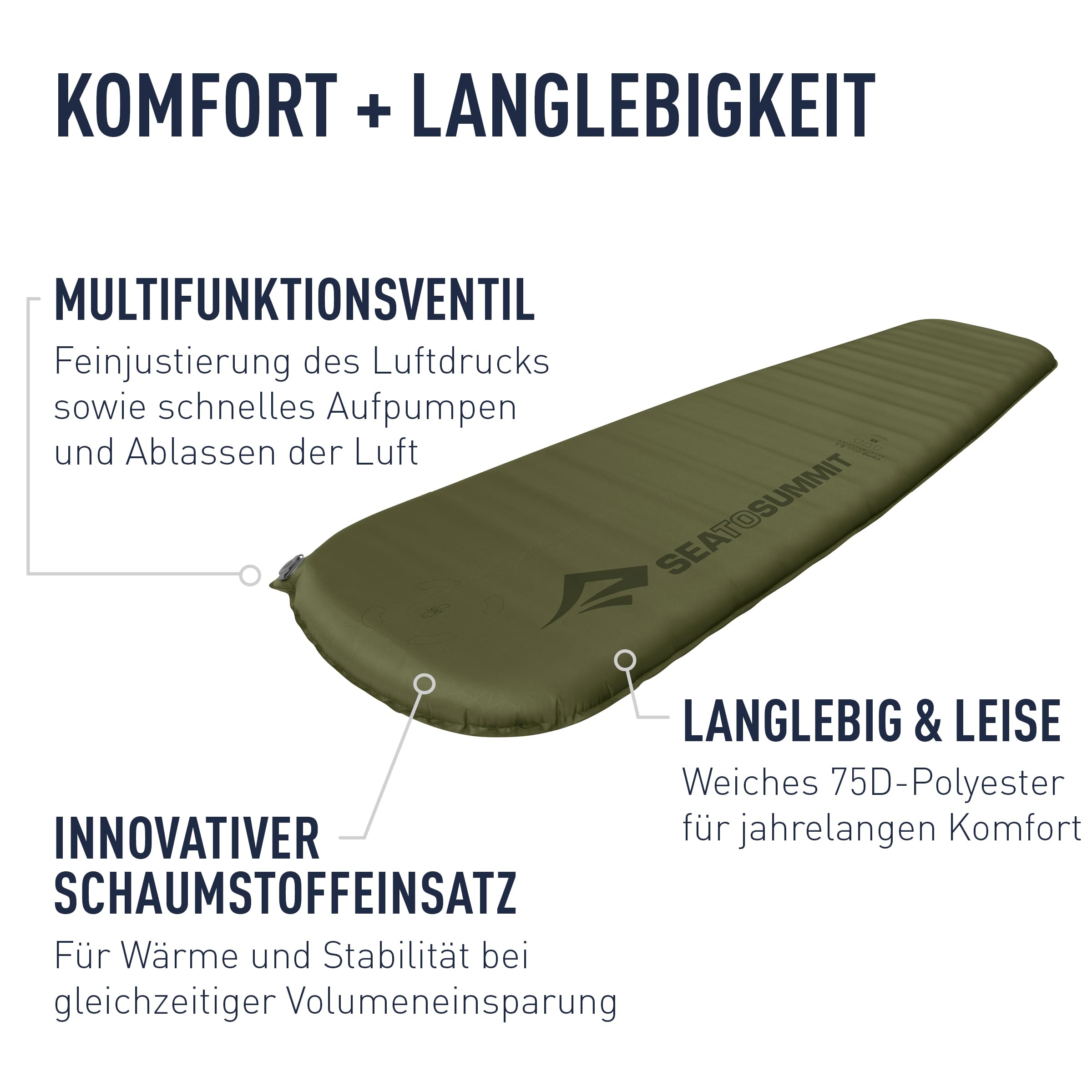 SEA TO SUMMIT - Camp Plus Self Inflating Isomatte Large - Dicke & warme Schlafmatte - Reparatur-Kit & Pillow Lock-System - 4 Jahreszeiten - Camping - 198 x 64cm - Green - 1185g