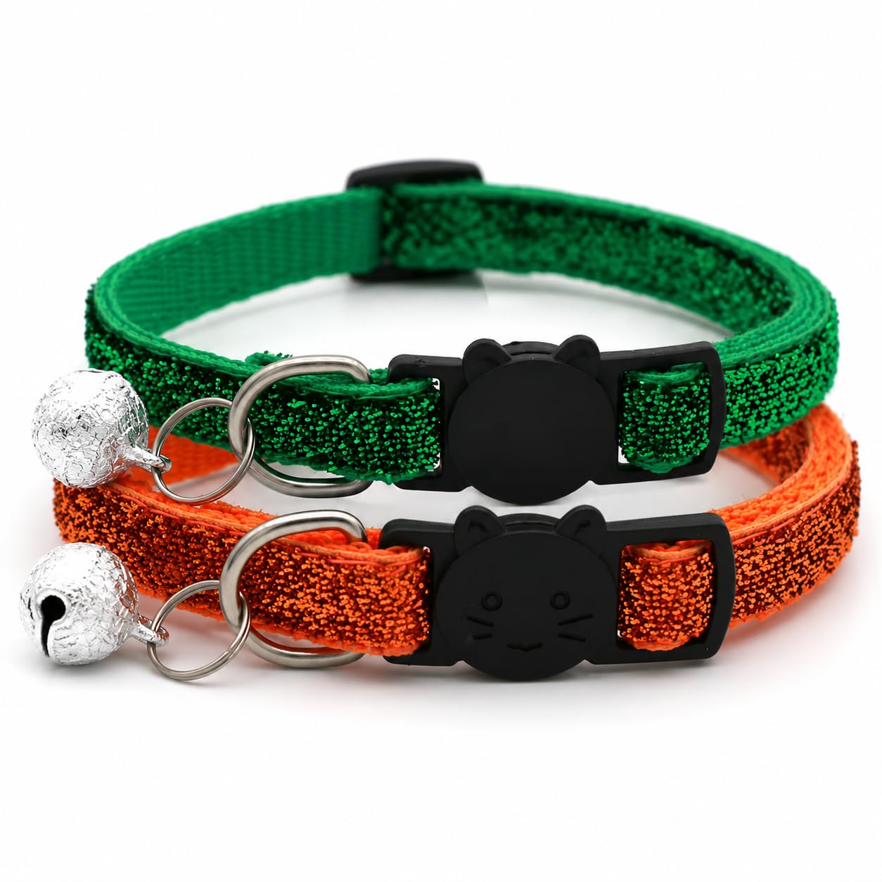 Glitter Cat and Kitten Collar with Bell and Safety Release Buckle, Adjustable 19-35cm Design, Pack of 2, Available in Red, Pink, Blue, Silver and Gold. (Green and Orange)