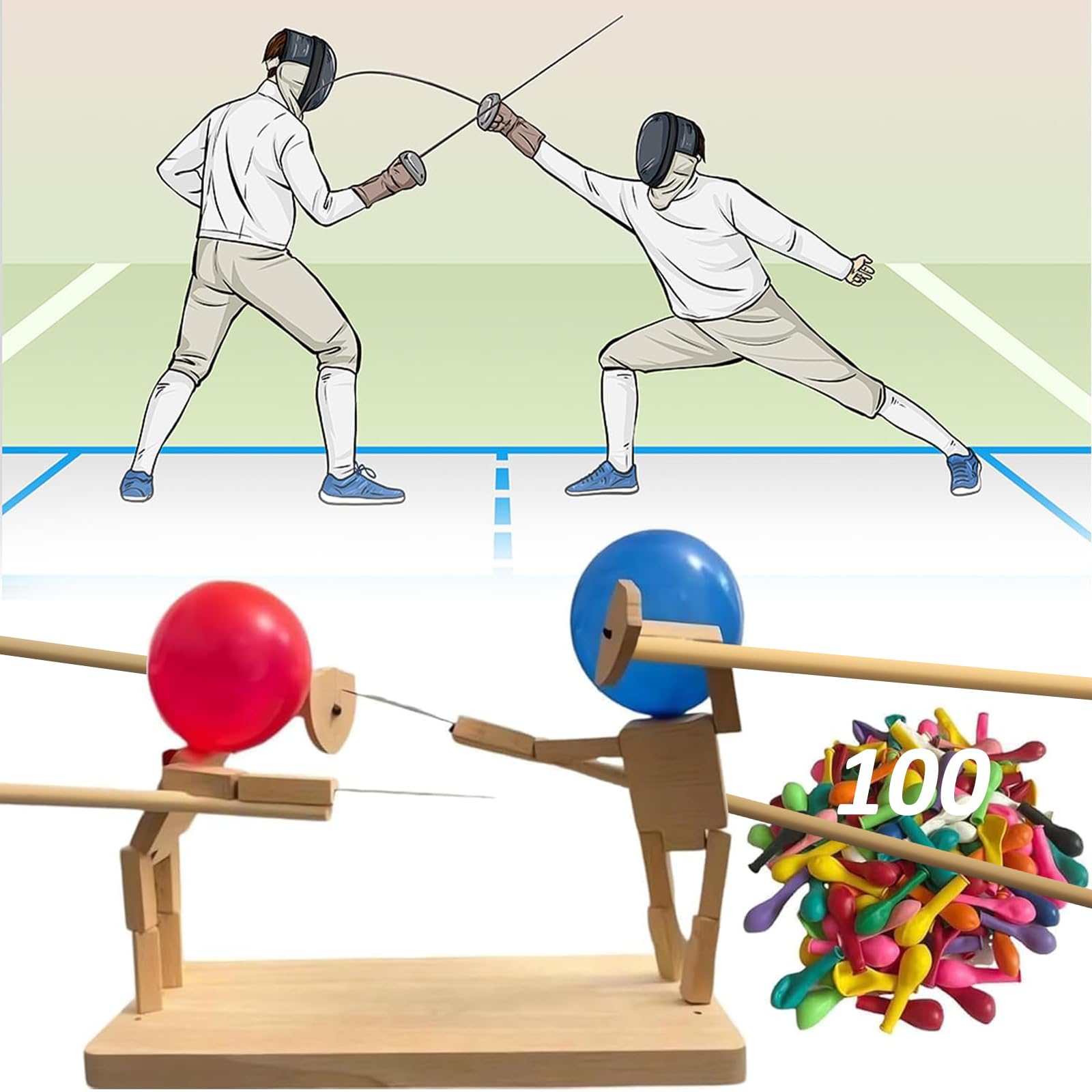 Balloon Bamboo Man Battle, marionnettes d'escrime en Bois Faites à la Main, Combat de Ballons au Rythme Rapide pour 2 Joueurs - Excitant et Amusant (20cm x 15mm, 100 Ballons)