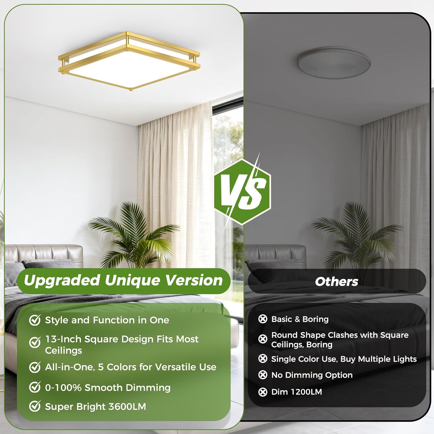 13 Inch Gold Square LED Ceiling Lights for Bedroom Kitchen Bathroom, 36W Super Bright 3200LM Modern Flush Mount Light Fixture, 2700K-6500K Selectable Dimmable Close to Ceiling Double Ring Lamp, 1-Pack