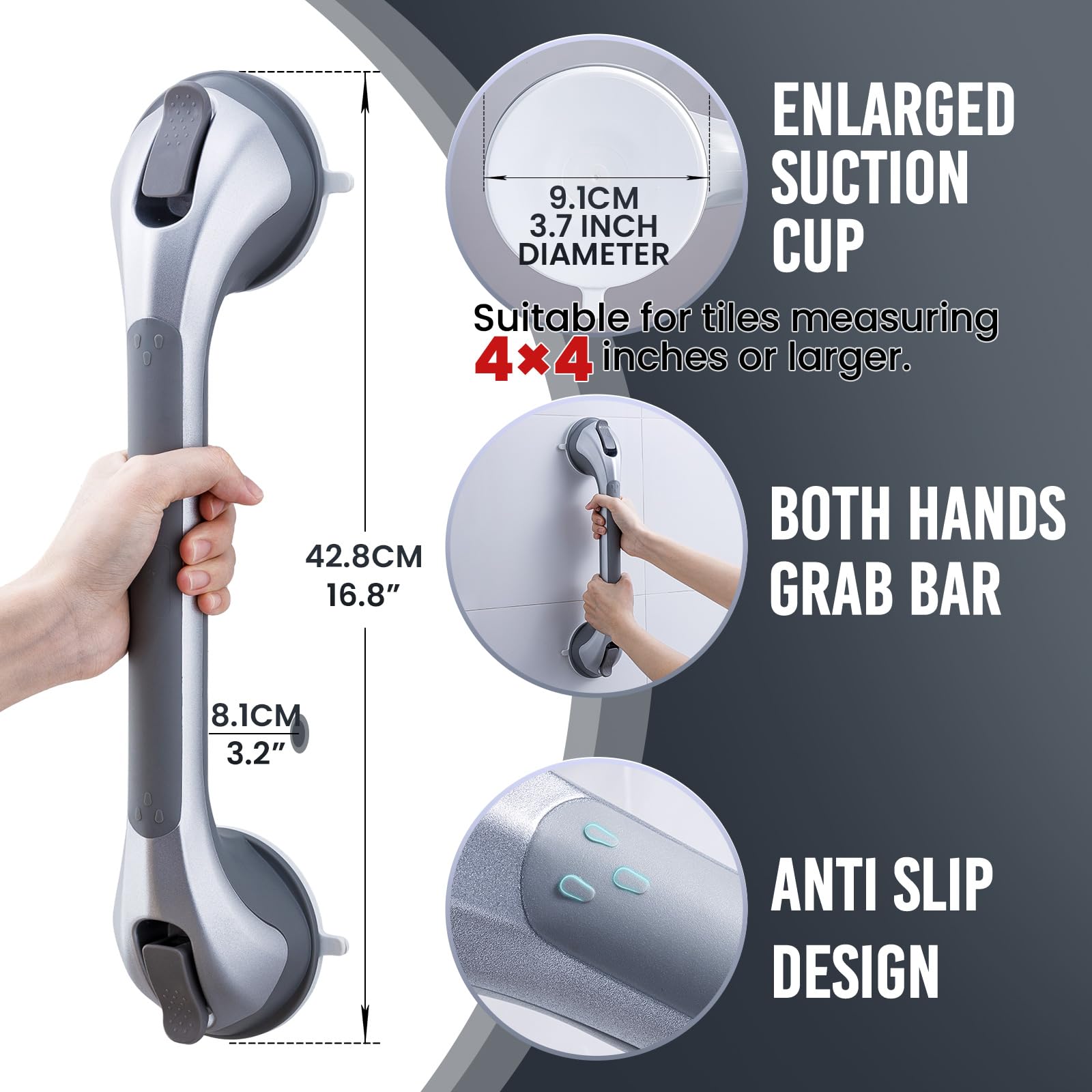 TAILI Maniglia Doccia Anziani 2 Pack, MAX 110 KG Maniglione Bagno Disabili, 43 CM Maniglie a Ventosa, Rimovibile Maniglie Doccia per Anziani, Senza Forare Handy Grasp Pro, Ausili e Sicurezza - Argento