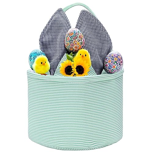Cesta de conejo de Pascua para huevos de Pascua, cacería de dinosaurio verde, cubos de lona de Pascua con orejas únicas para llevar huevos dulces,