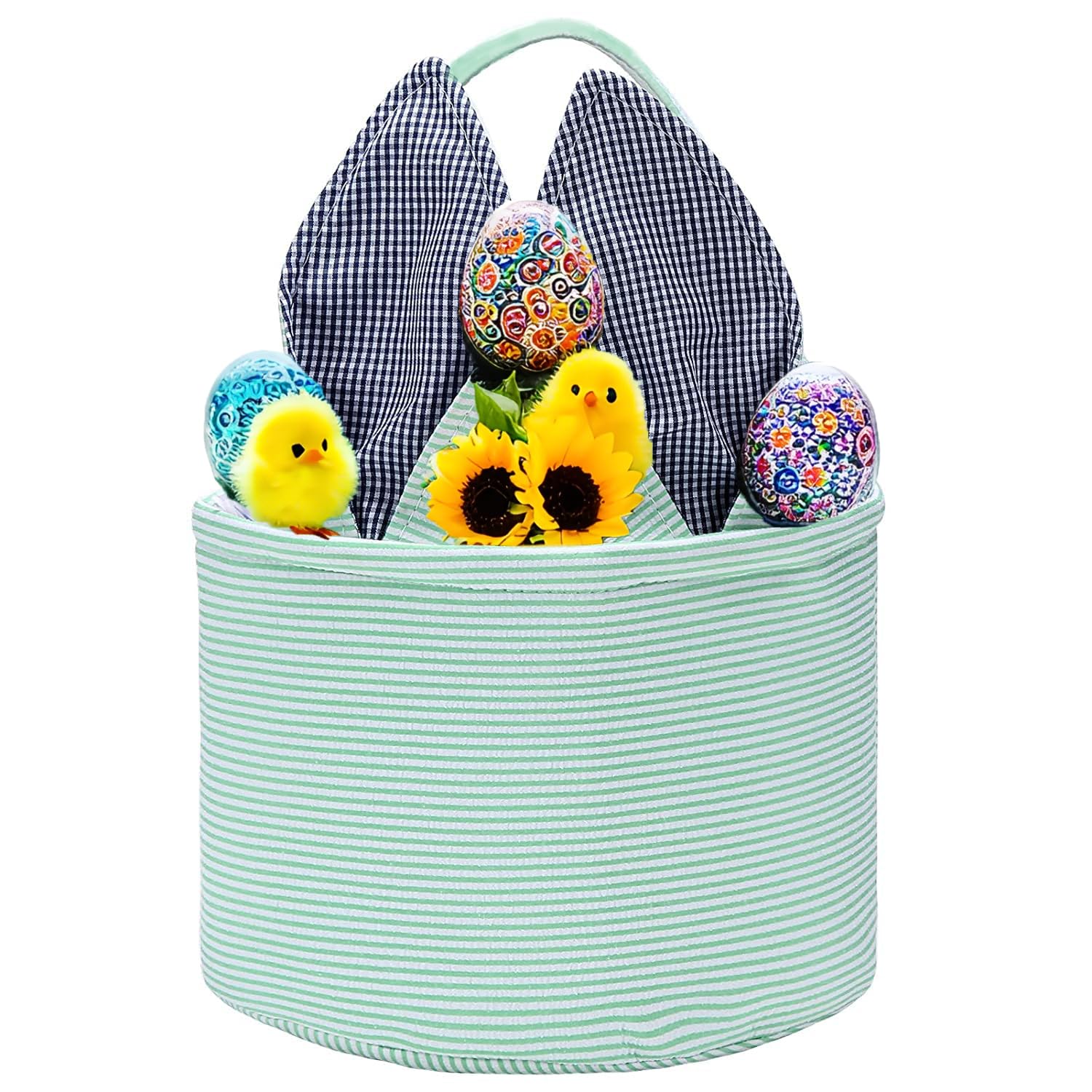 Leziazany Easter Basket Seersucker Egg Hunt Bunny Baskets for Kids with Cute Rabbit Ears Stripe Storage Gifts Candies Personalized Easter Party Gifts.(Mint)