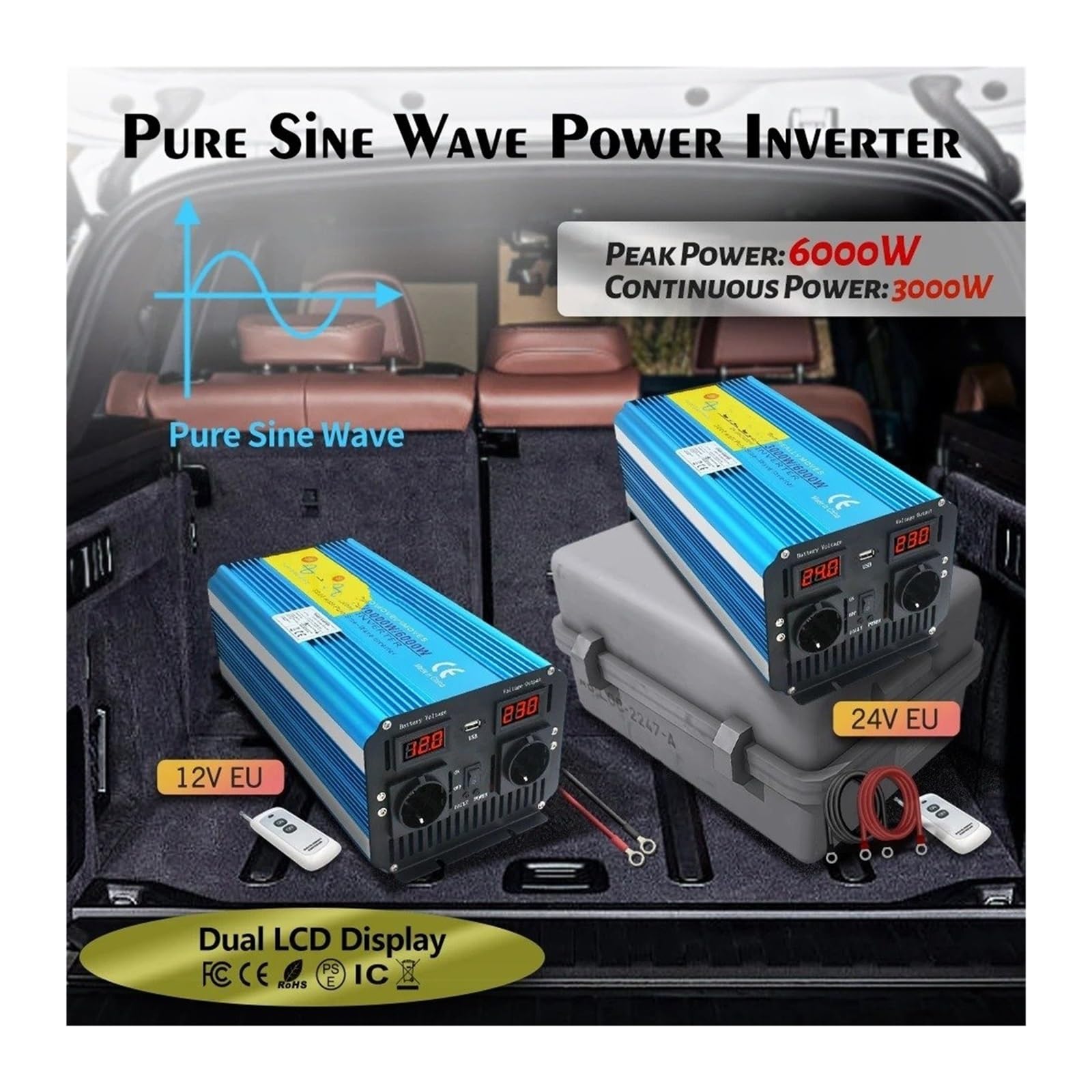 Convertidor Inversor Transformador Inversor Onda Sinusoidal Pura 8000W CC 12V/24V A CA 220 V/230 V Control Remoto Pantalla LCD Convertidor para Autocaravana Batería Solar(DC12V,50Hz EU,5000W Peak)