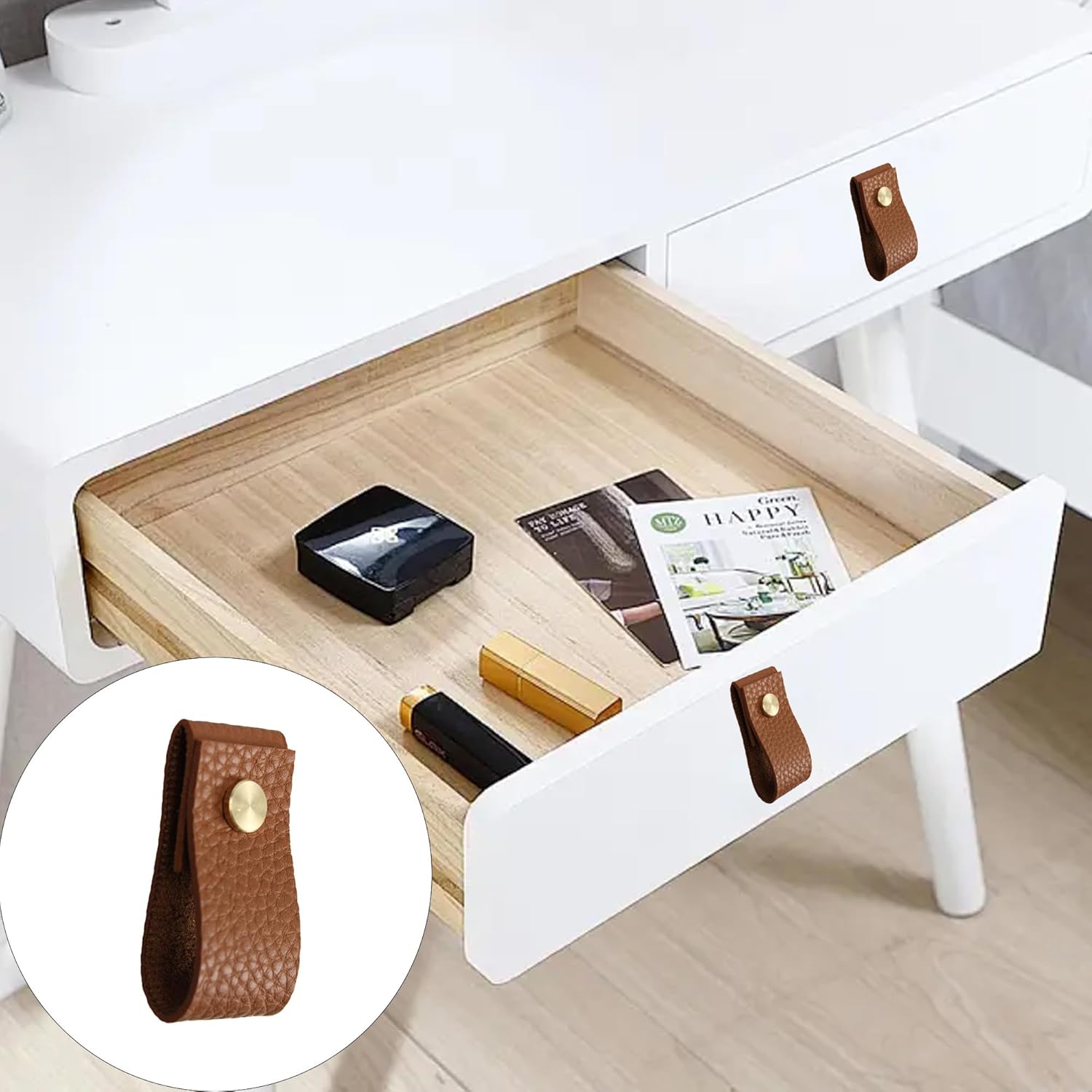 8PCS Leather Drawer Pulls, Modren Leather Pulls Handles, Soft Leather Cabinet Pulls knobs, Leather Furniture Pulls or Cabinet, Doors, Drawers, Closet, Dark Brown