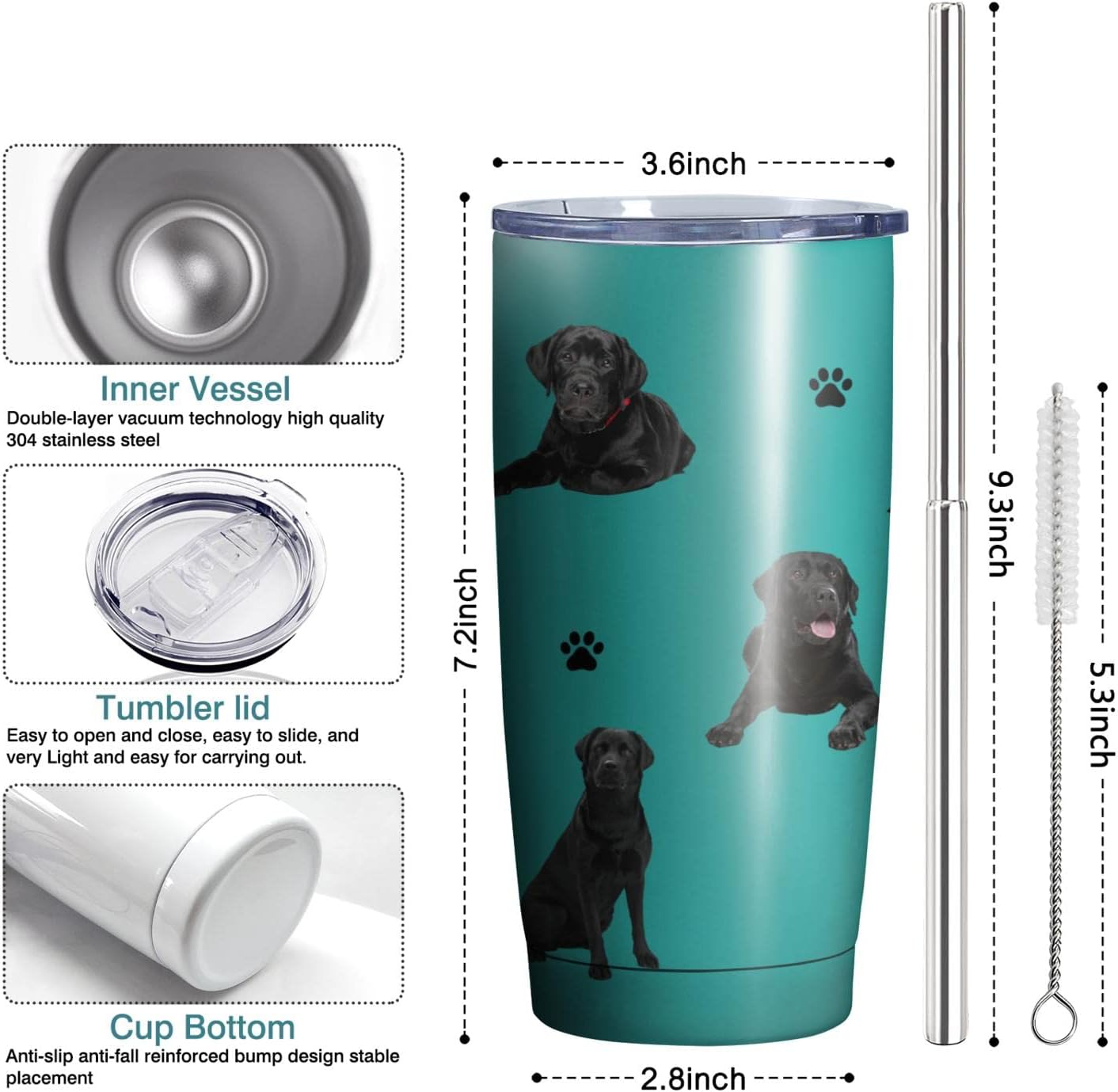 Labrador Retriever Dog Tumbler Stainless Steel Insulated Travel Coffee Cups with Lid and Straw,Ideal Memorial Gift for Dog Dad/Mom,20oz - Image 5