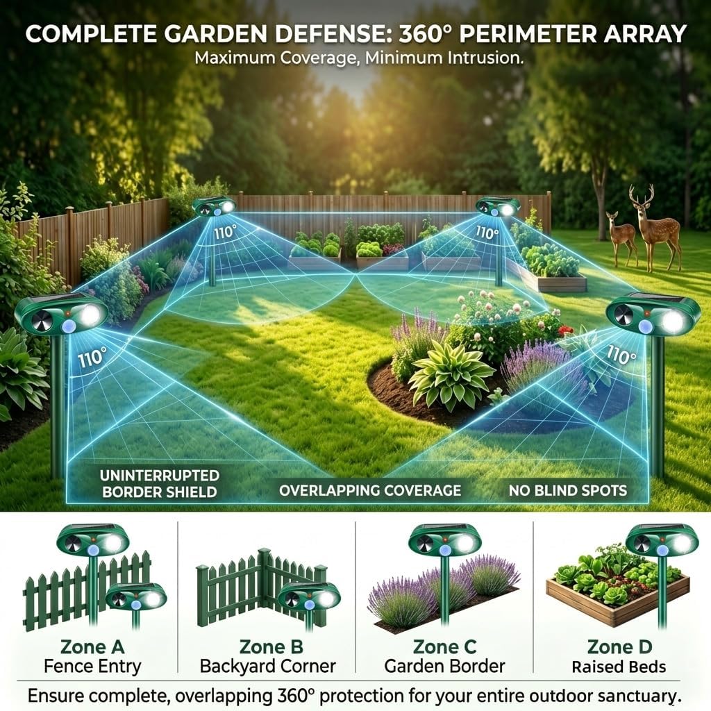 2 Pack Upgraded Sonic Fortress Pro Deer Repellent Cat Deterrent Solar Ultrasonic Animal Repellent Outdoor with Motion Sensor Strobe Light for Skunk Rabbit Raccoon Squirrel Fortress Pro for Yard Garden image 4