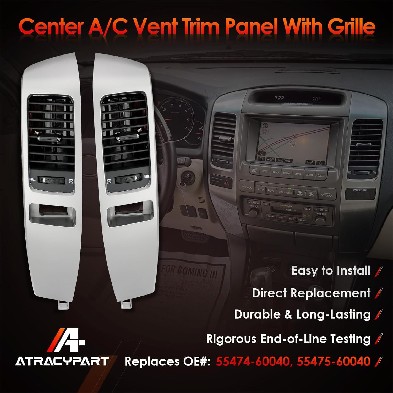 Center Dash A/C Air Vent with Grille, Compatible with 2003-2009 Lexus GX470, Toyota Prado 120 Land Cruiser, Trim Panel Console Outlet Insert Frame, Replaces# 55474-60040, 55475-60040 (Silver)
