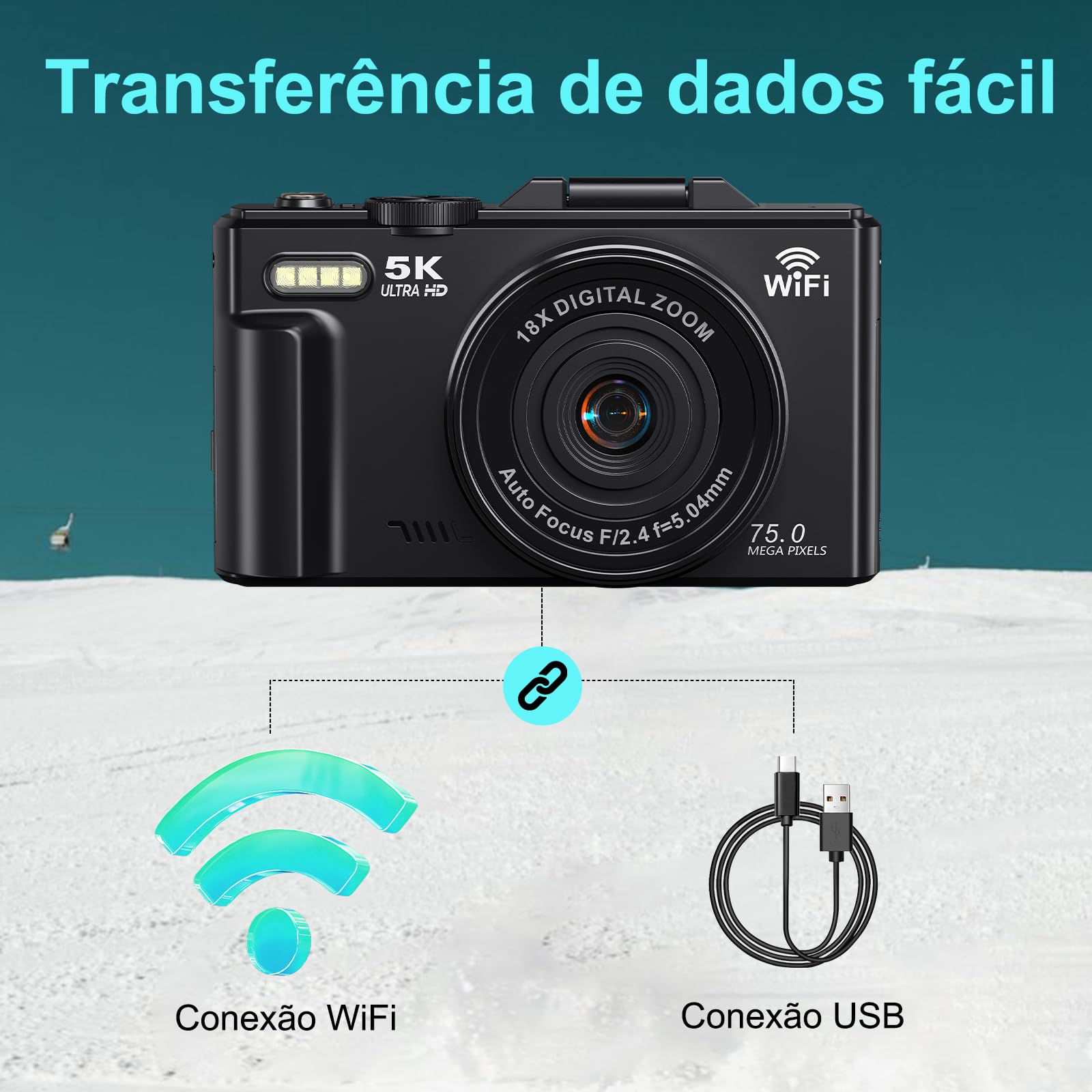 Câmera Digital, 5K 75MP, camera fotografica, transmissão Wi-Fi