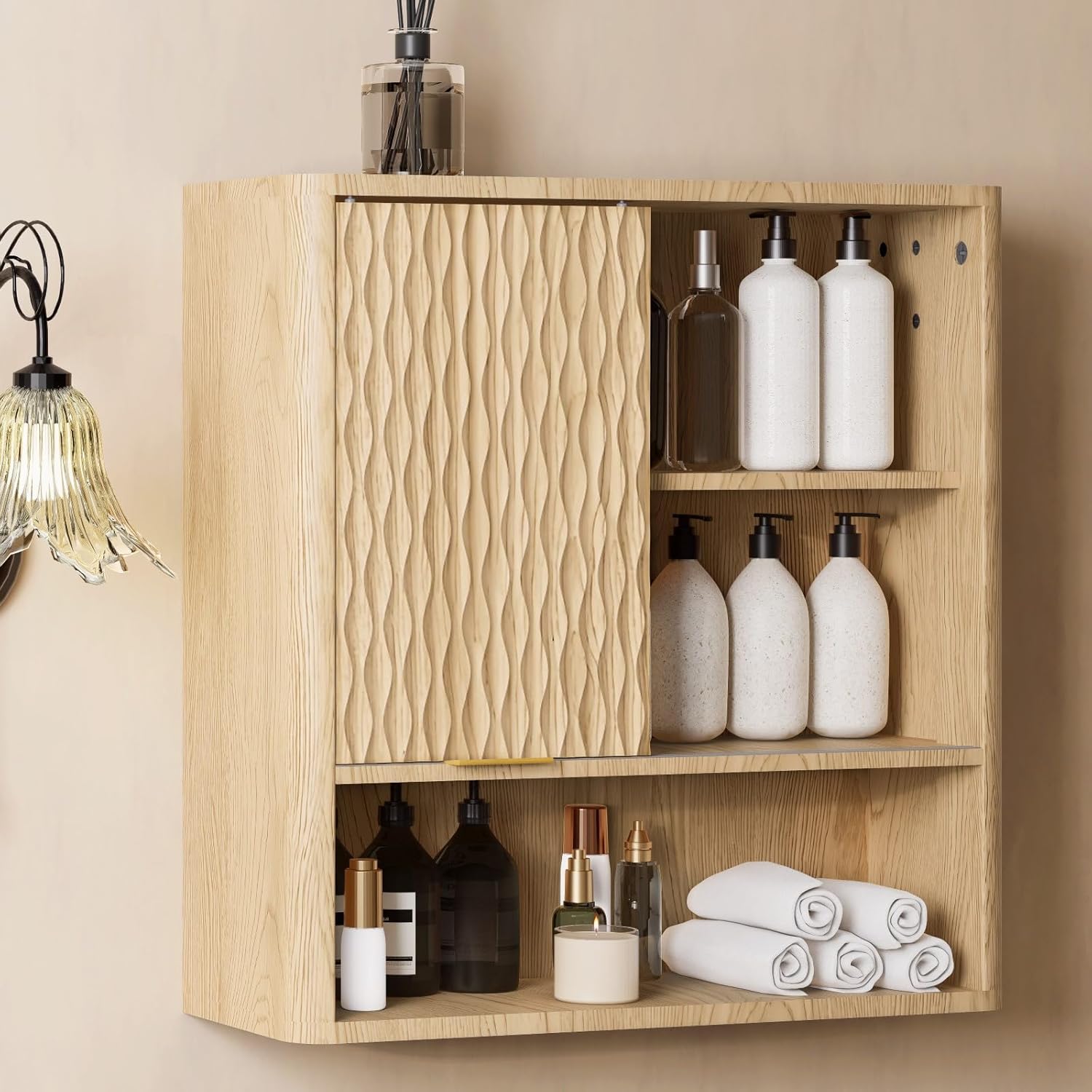 Bathroom Wall Cabinet, Modern Medicine Cabinet with Sliding Door, Storage Cabinet Wall Mounted for Kitchen Dining Room Living Room, Natural Oak