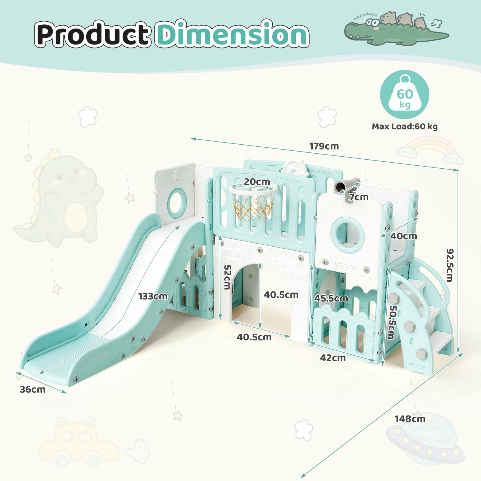 MAMIZO 9 in 1 Scivolo per Bambini, Scivolo Giocattolo da Interno o Esterno Canestri da Basket e Telescopi, Scivolo da Giardino Spazio di Deposito e Tunnel,2 anni e oltre,mit 2PCS Moduls,Verde e Bianco