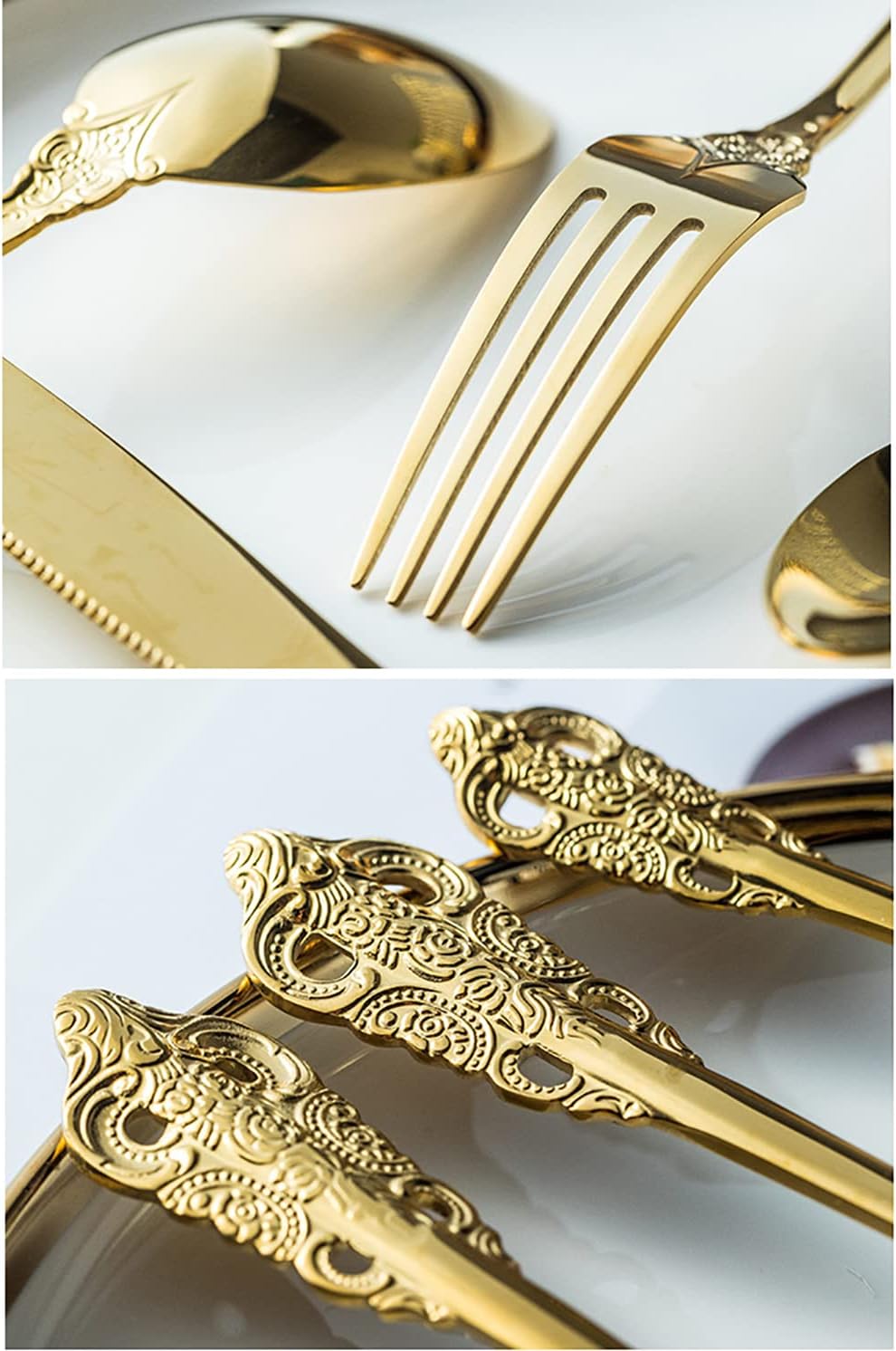 Gold Silverware Set for 10 Premium 18/10 Stainless Steel Flatware Set Palace Style 50 Piece Cutlery Tableware Utensils Embossed Decorative Handle Knives Forks and Spoons for Home Christmas Wedding