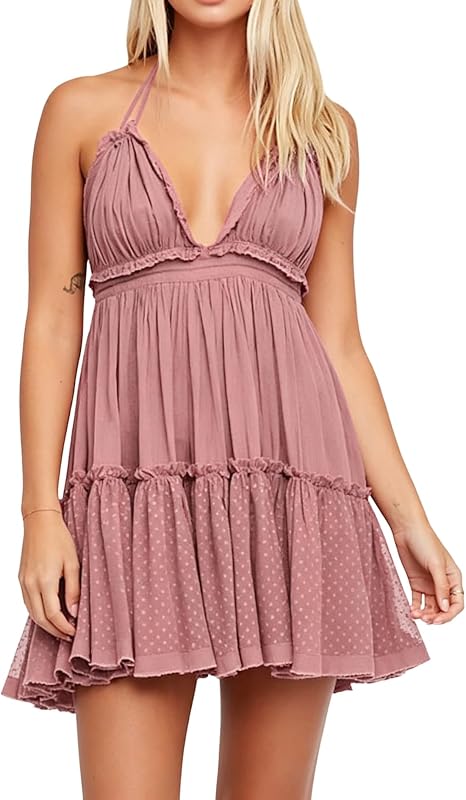 R.Vivimos Womens Summer Halter Deep V Neck Mini Short Dress | Sleeveless, Adjustable Ties, Patchwork, Sexy Backless Boho Dress, Casual Beach Vacation, Cocktail Party Outfits