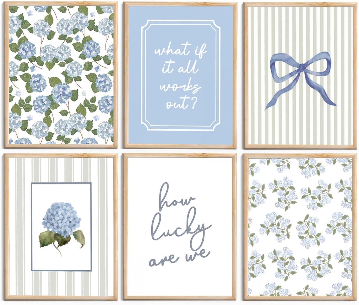 6 Pcs Blue Hydrangea Bow Canvas Wall Art How Lucky Are We Poster Prints Trendy Striped Coquette Paintings Pictures Sage Green Coastal Preppy Aesthetic Wall Decor for Girl Room Bedroom Office Dorm 8X10inch Unframed