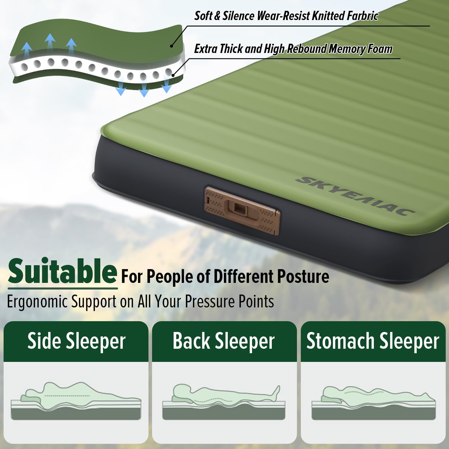 SKYEMAC Self-Inflating Memory Foam Sleeping Pad - Single Pad, Built-in Pump, R-Value 13, 78''x29''x4'', Fast Inflation & Deflation, 4-Season Camping Mattress for Outdoor Adventures