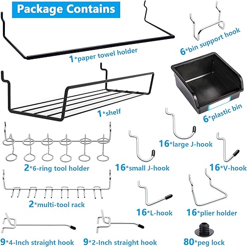 Miniatura 2 de Ganchos de tablero de clavijas, accesorios para tablero de clavijas, para organizar diversas herramientas, 110 piezas, 50 de las cuales son