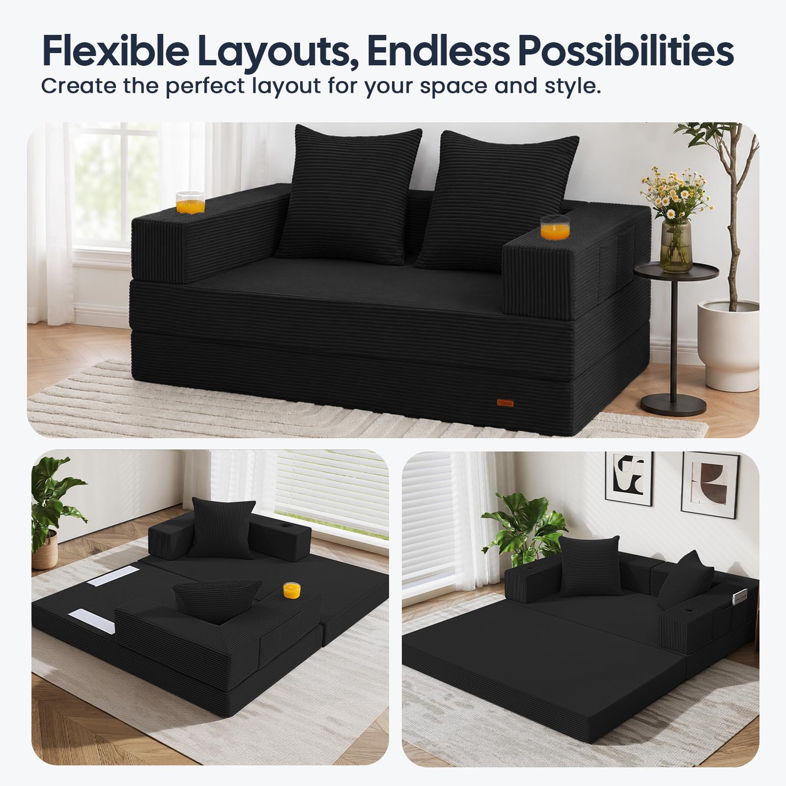 COMAX Futon Sofa Bed, Convertible Sofa Bed, Folding Boneless Couches | Low-Profile Boneless Couch for Living Room, 11.8" H Low Seat Small 59" Foldable Floor Sleeper Mattress Lounge Space‑Saving
