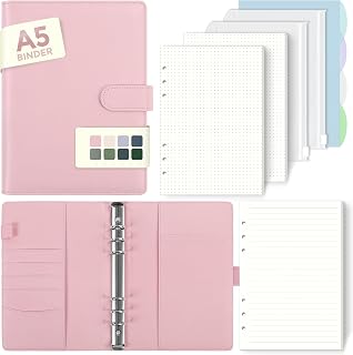 SKYDUE A5 Ringbuch, Ringbuch A5 Nachfüllbar,135 Blätter Nachfüllpapier, Notizbuch Mit Bindertaschen, a5 Binder Für Schulnotizen Und Reisetagebücher (Hellrosa)