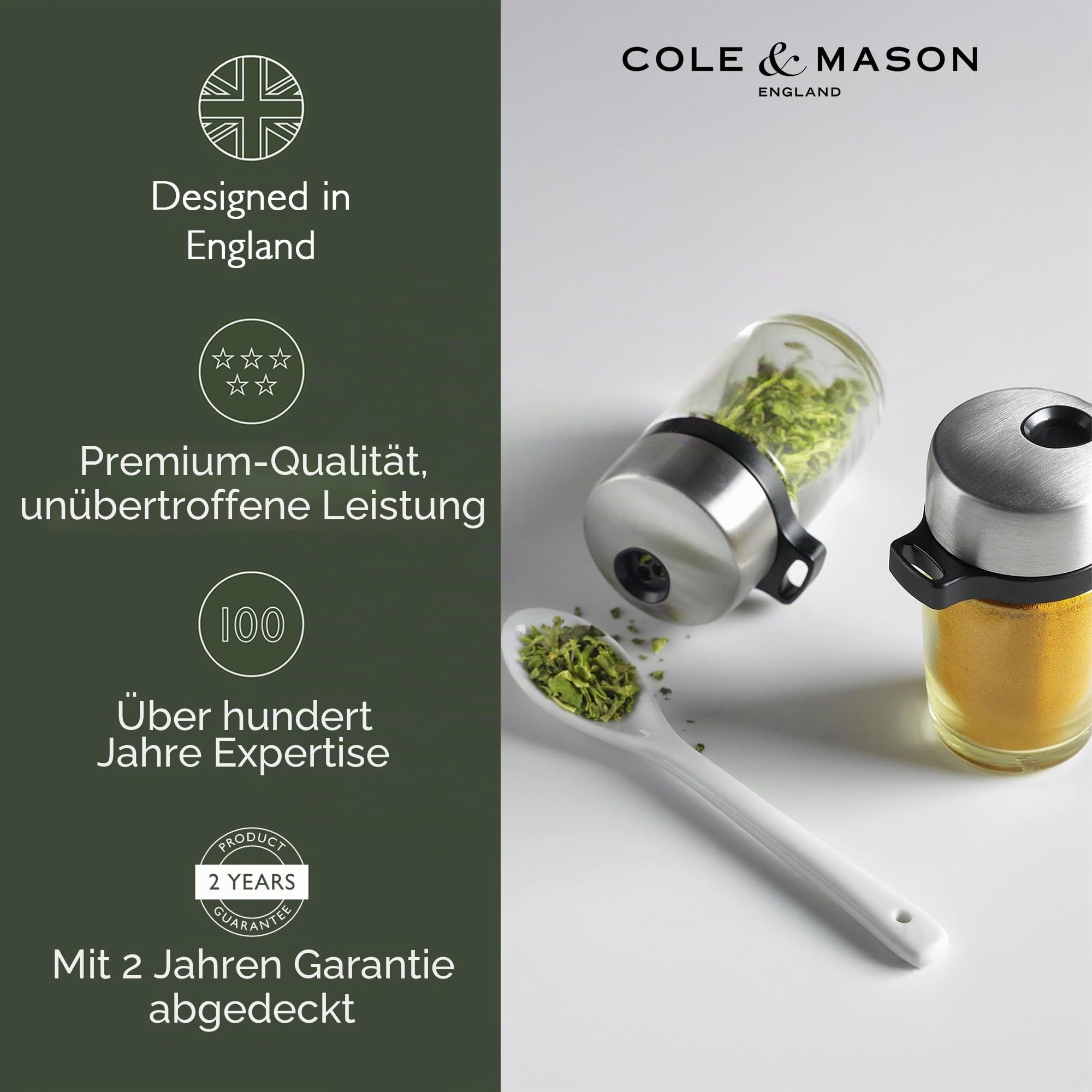 Cole & Mason Cambridge Gewürzregal mit 20 Gewürzgläser gefüllt, Gewürz Organizer, 360° Gewürzkarussell Drehbar, Edelstahl/Glas, Gewürzgläser Set mit Regal, Gewürze/Kräuter enthalte, Gewürze Set