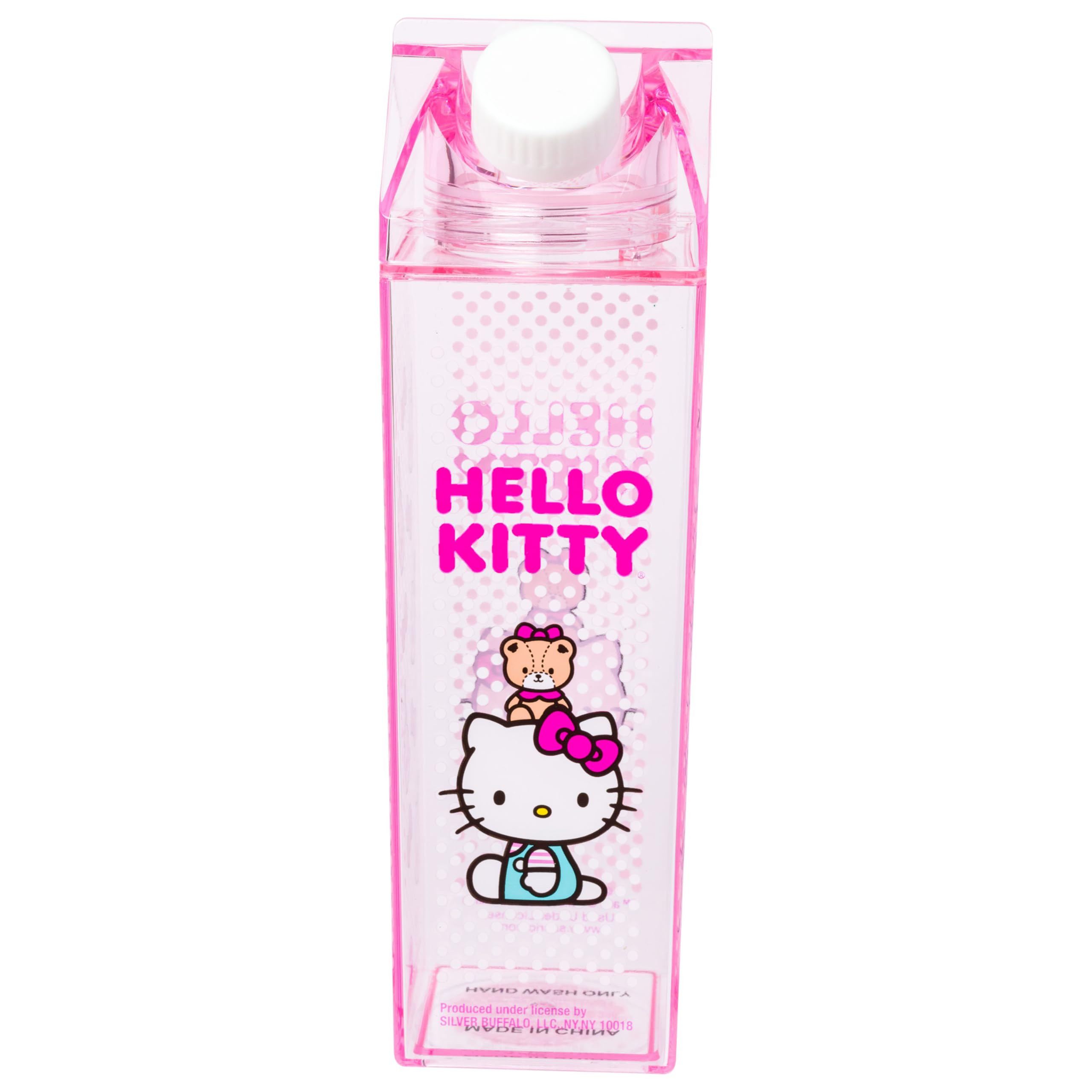 Silver Buffalo Sanrio Hello Kitty and Friends Bows and Milk Featuring Tiny Chum Plastic Pink Polka Dot Milk Carton Pitcher Bottle, 16.2 Ounces