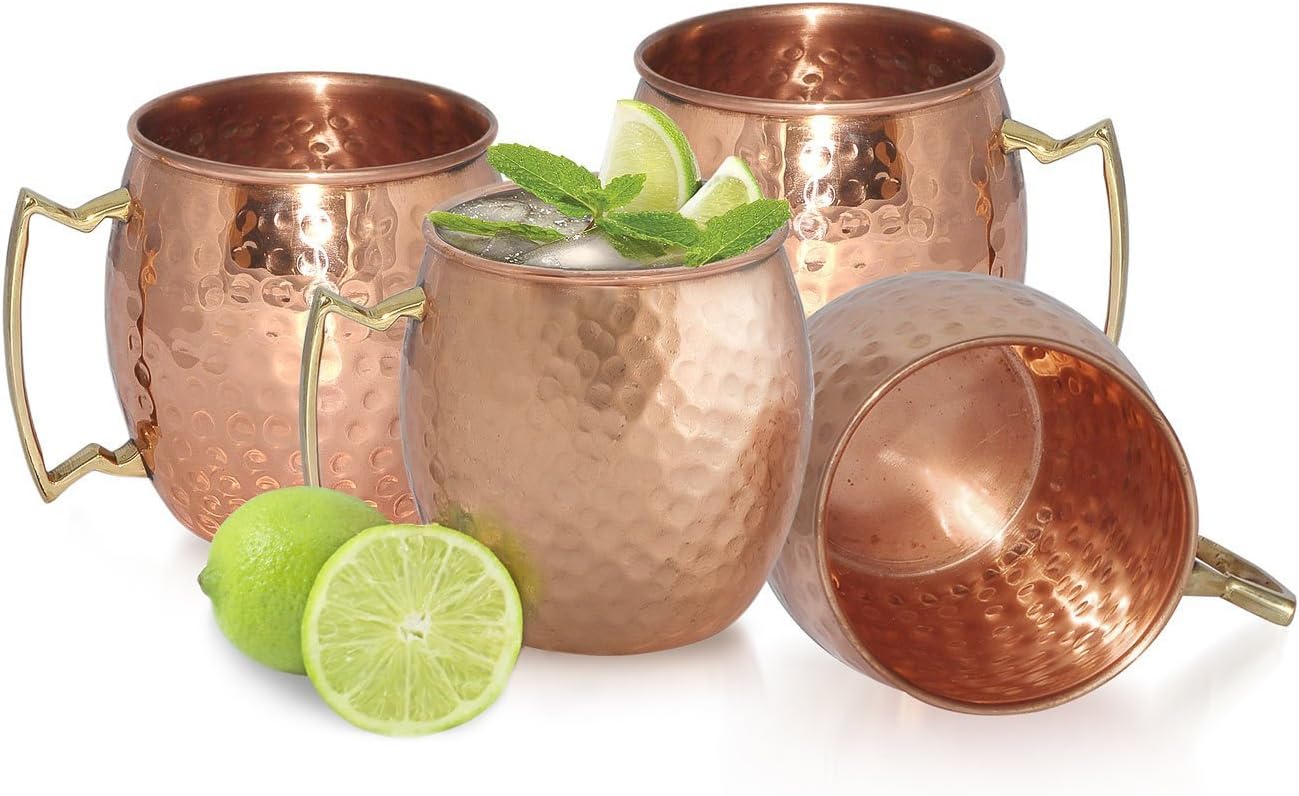 Aakrati Set of 4 Pure Copper Hammered Barrel Mug Cocktail Drinkware for Moscow Mules 550 ML
