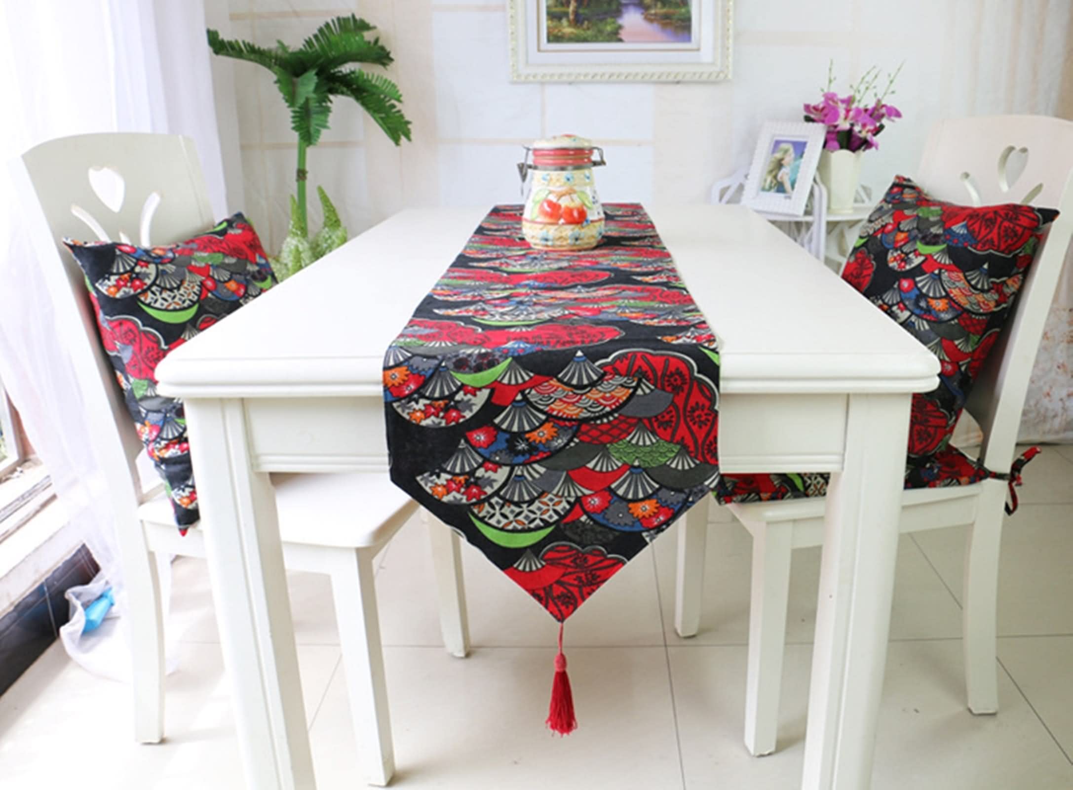 Mantel Camino de Mesa, Centro de Mesa Decorativo Salon Abanico de Flores de Estilo Étnico con Borlas Rojo Sabana de Algodon 32x200CM
