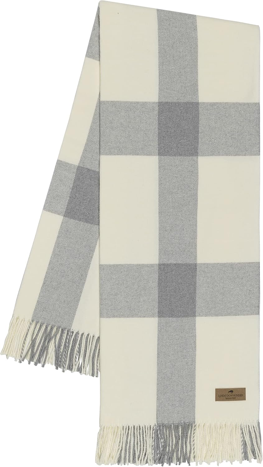Lands Downunder All-Season, Luxury Light Gray Wellington Plaid Throw – Soft Woven Throw with Decorative Fringe – Made in Italy – 51”W x 67”L - Perfect for Gifting