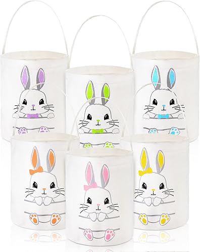 6 cestas de Pascua con asas, cestas de conejo de Pascua para niños, 6 bolsas de lona de conejo de colores para caza de huevos, cestas de conejo de