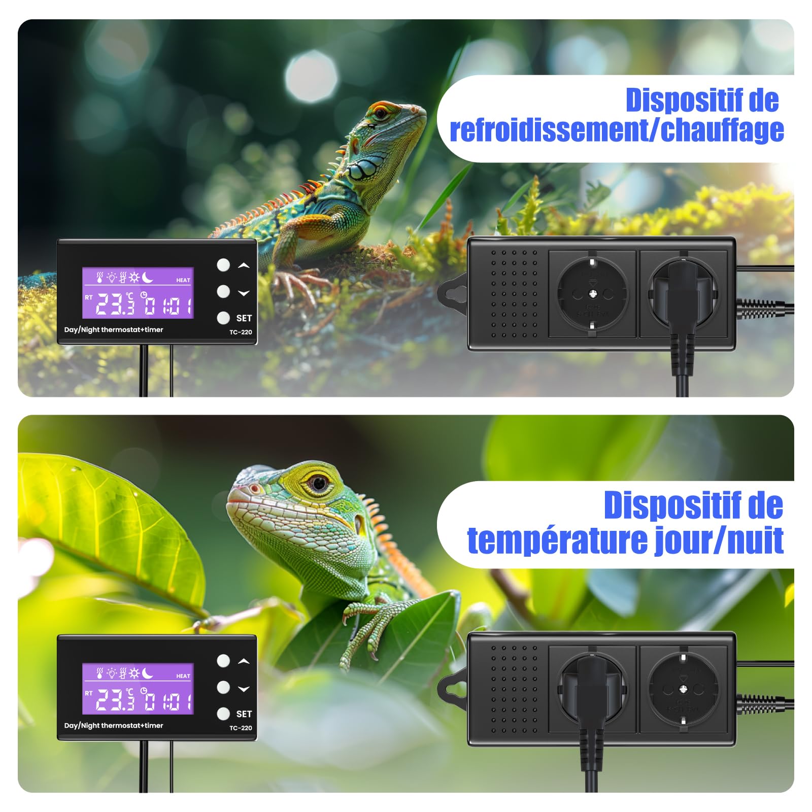 GlowUp Prise Thermostat avec Sonde, 220V Thermostat Terrarium Reptile Contrôleur de Température de Chauffage/Refroidissement avec Minuterie pour Serre, Reptiles, Aquarium, Incubateur, etc