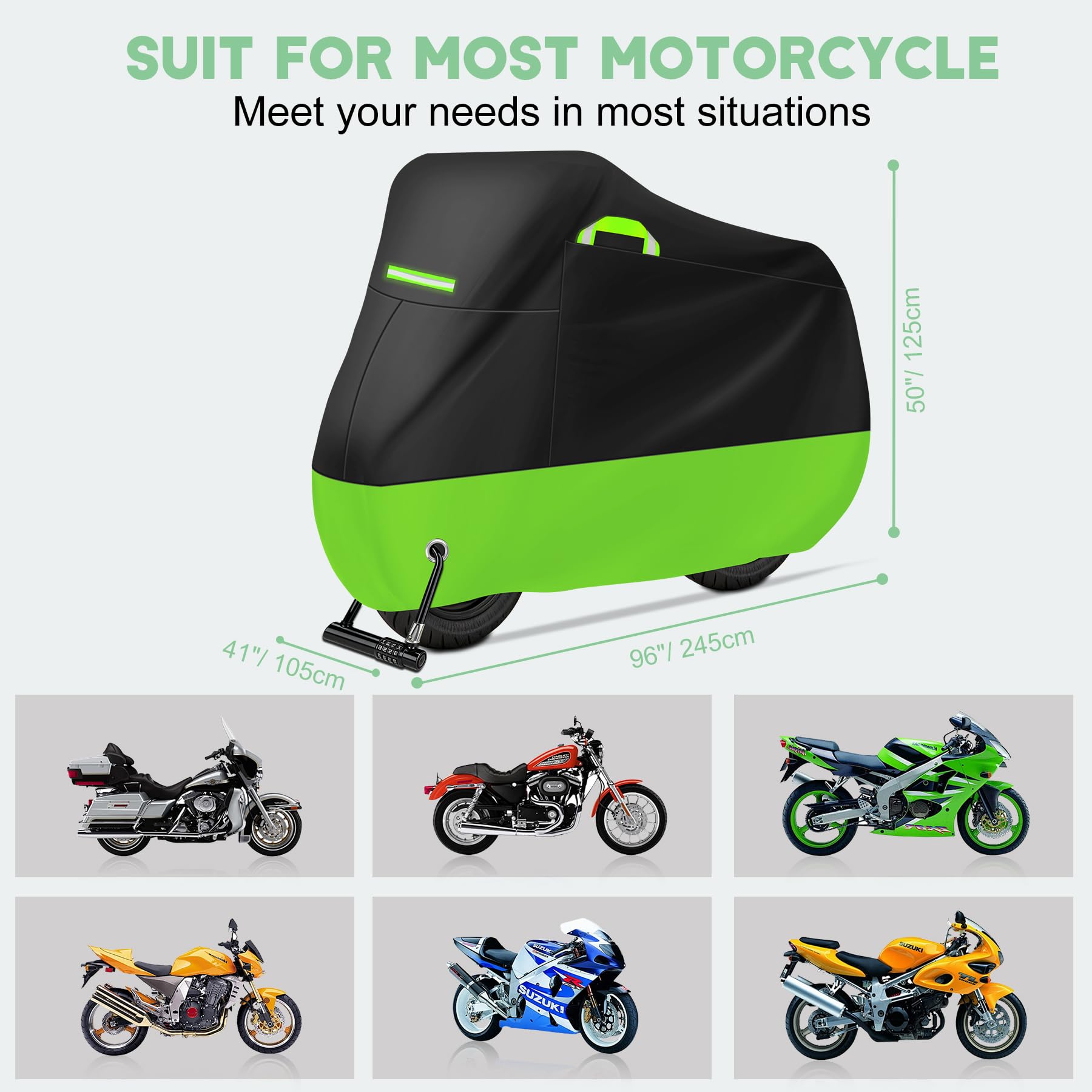 Motorrad Abdeckplane Outdoor, Motorradabdeckung XXL 190T, Motorradplane Abdeckung Winterfest Wasserdicht Staubdicht UV-Schutz mit Schlossloch Winddichte Schnalle, 245cmx105cmx125cm (Schwarz-Grün)