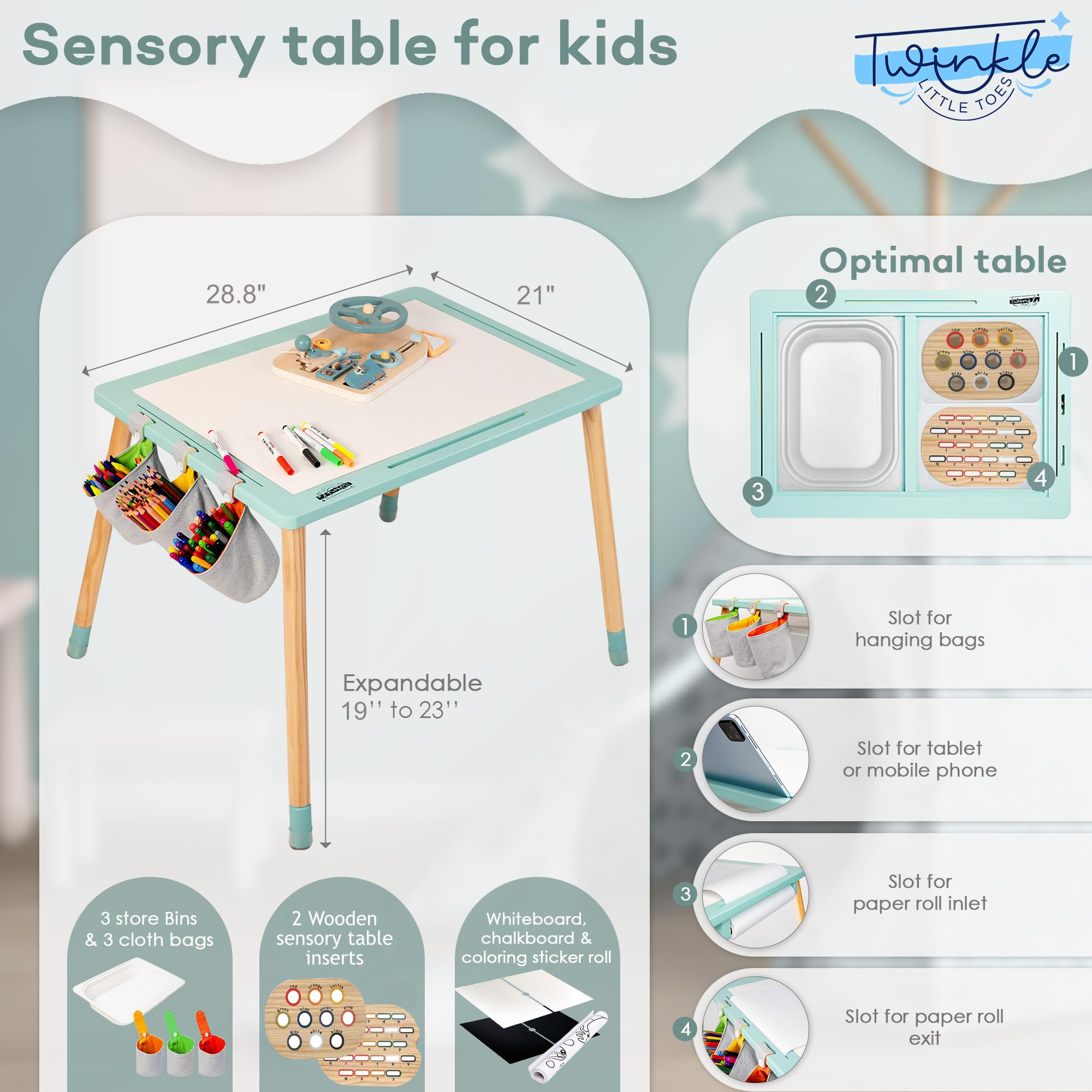 Sensory Table for Toddlers 1 Paper roll holder 3 Storage bins 3 Storage cloth bags 2 inserts 2 Whiteboard 2 Chalkboard 1 Graffiti scroll. Toddler Sensory Table. Sensory bin table. Kids sensory table