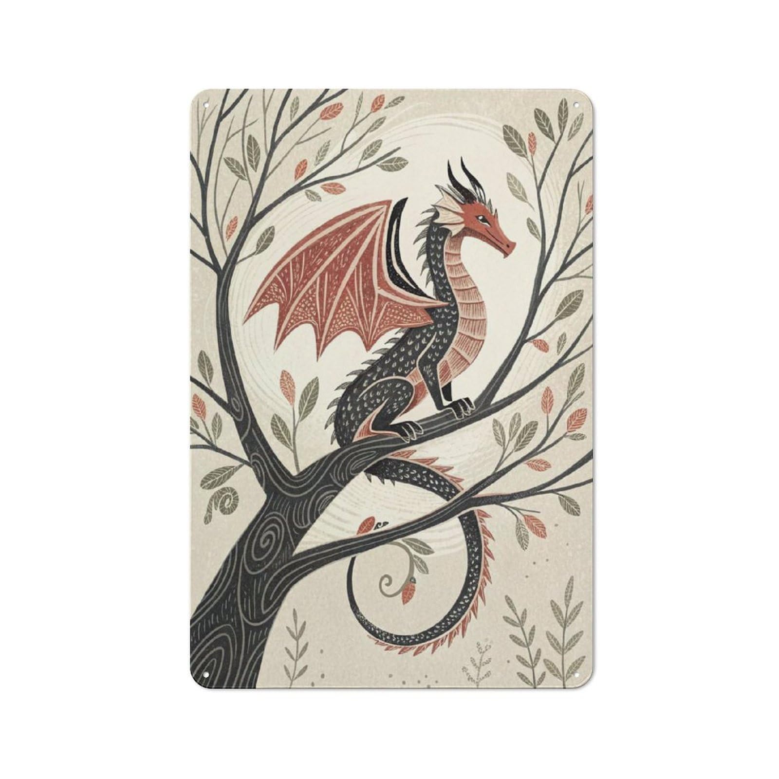 Junmoney Style-22 For Café Or Home Bar, Dragon Perched On A Tree Branch Retro Metal Plaque 30X20cm, A Winter Wall Decor Update For Café-Style Decor Fans