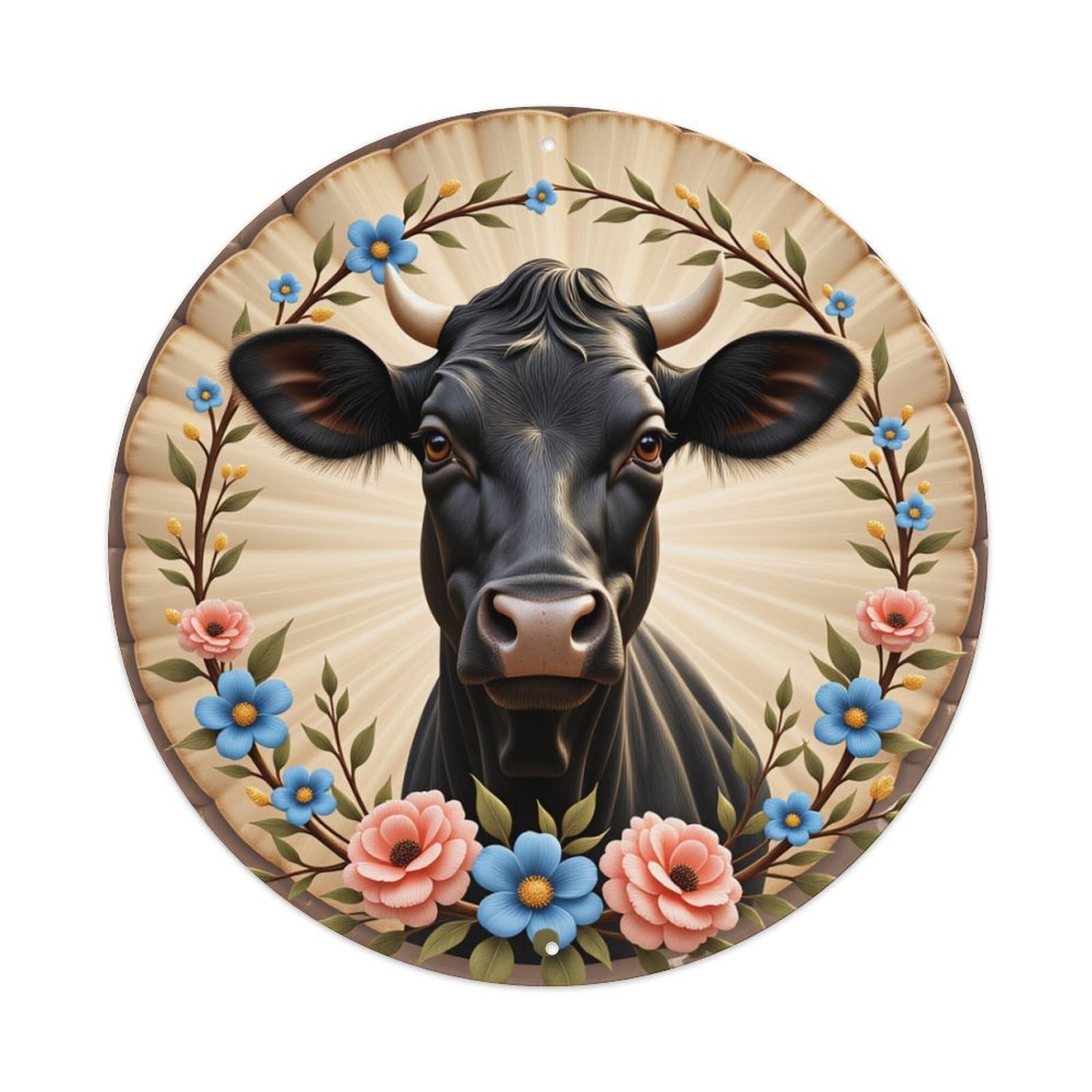 Floral Cow Portrait Design Pattern Round Tin Sign Vintage Metal Poster, Home Bar Garage Man Cave Cafe Indoor & Outdoor Wall Decoration 8x8Inches