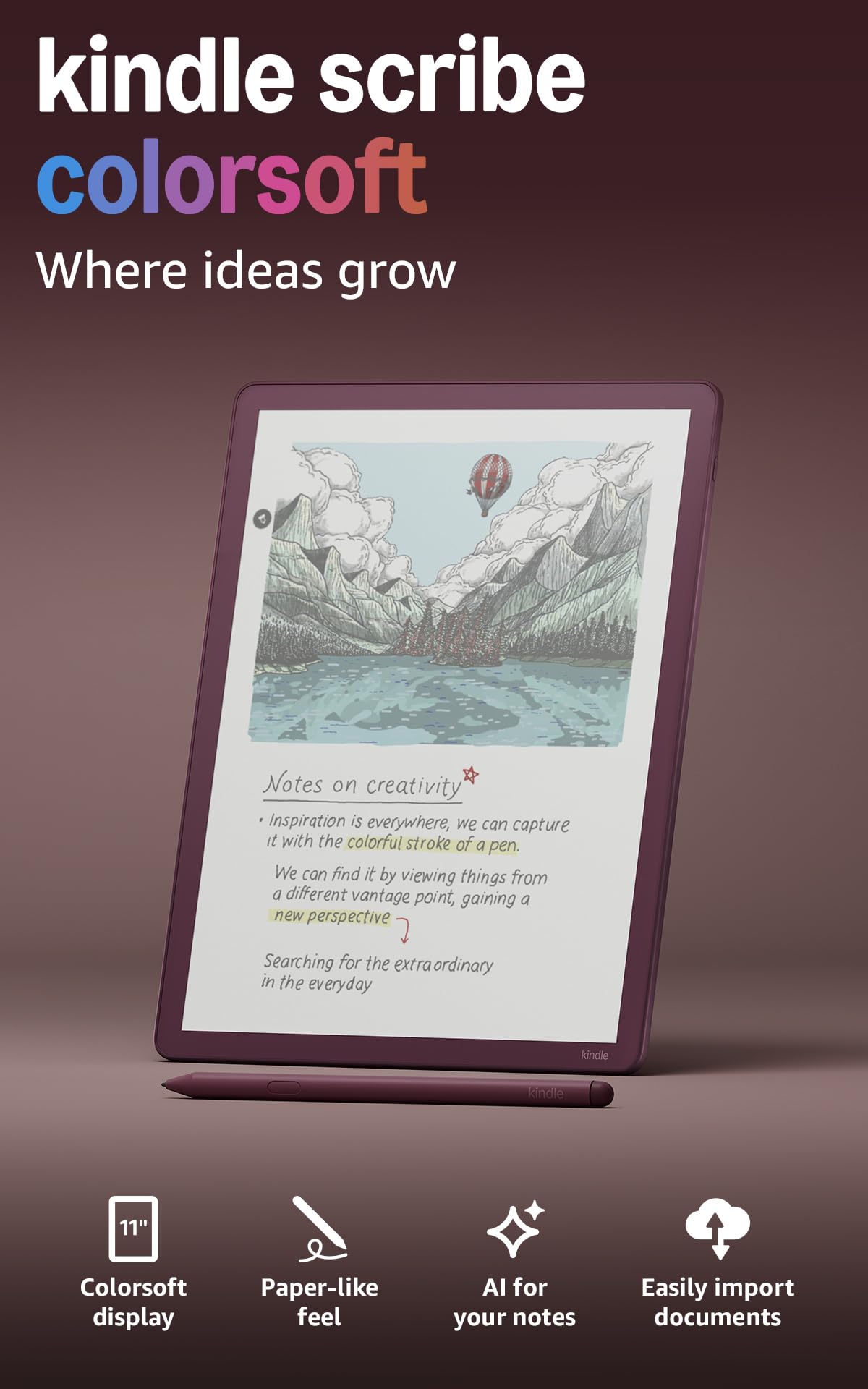 Amazon Kindle Scribe Colorsoft 32 GB (newest gen) — 11" paper-like colour display with front light — Thin, light, powerful — Write in the built-in notebook, documents and books - Graphite — view 11