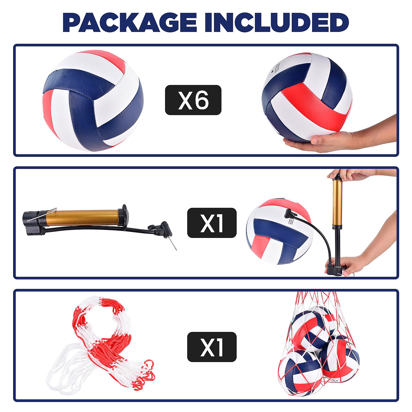 Paquete de 6 pelotas de voleibol, tamaño oficial 5, impermeables, suaves, a granel, con bomba y bolsa de red para interiores y exteriores, playa, piscina, juego de arena, juego de entrenamiento