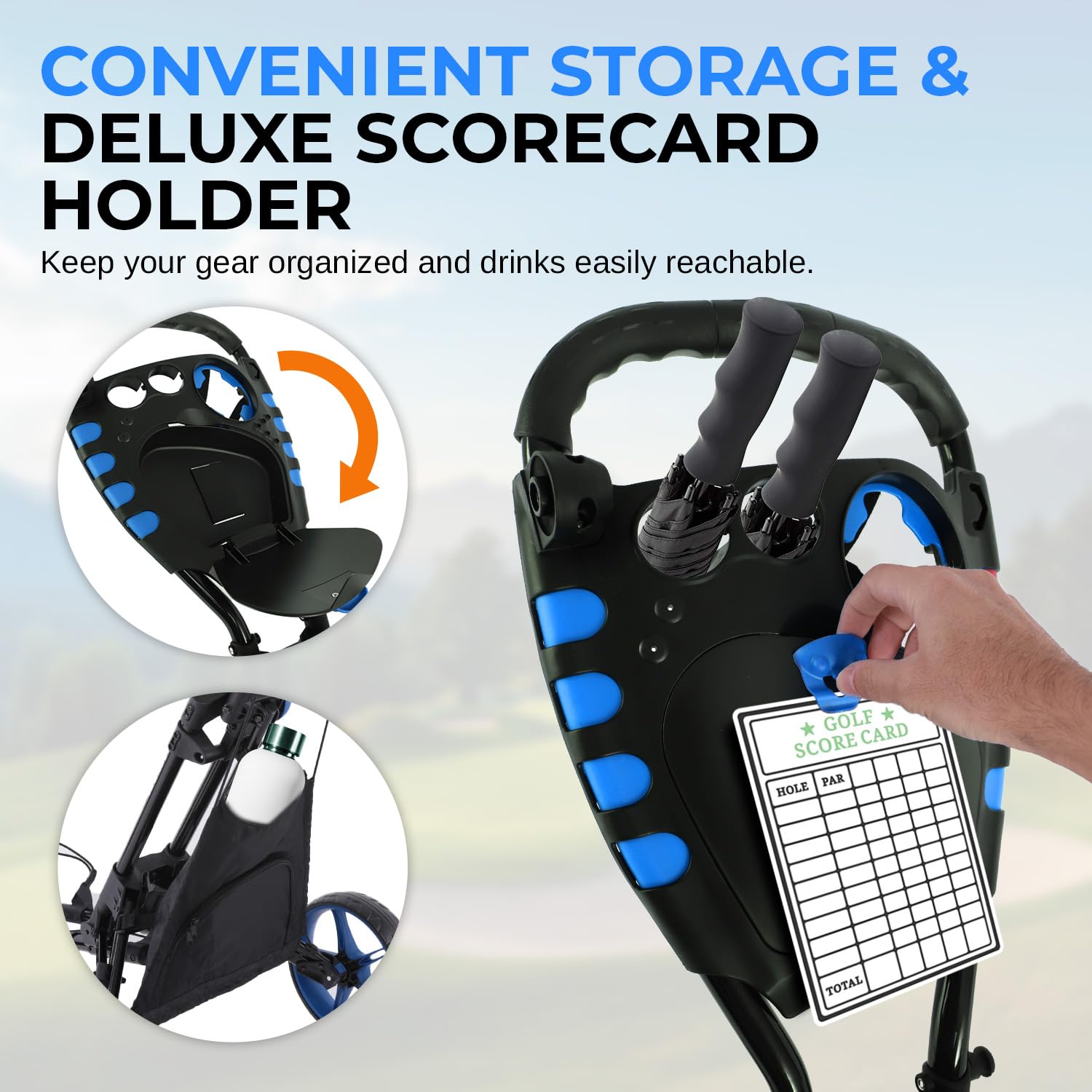 Carrito de golf de 3 ruedas – Soporte plegable ligero para bolsa de golf con pie / mango de freno, soporte superior/inferior con correa elástica, tarjeta de puntuación/taza/bolsa soporte de almacenamiento SLGZ48 5