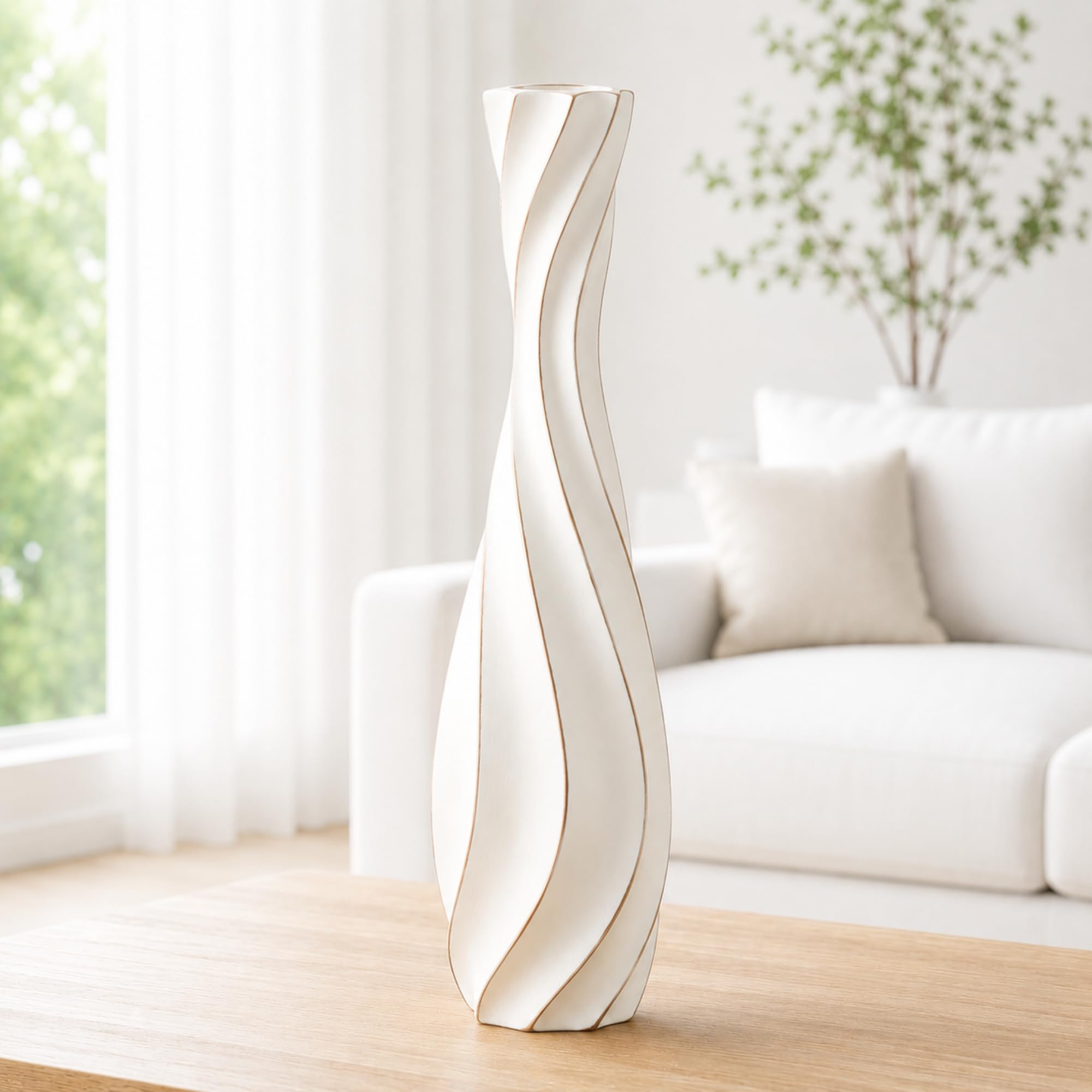Leewadee White Wash Tall Floor Vase 50 Cm - Polyresin Decor Vase For Living Room, Pampas Grass & Dried Flowers