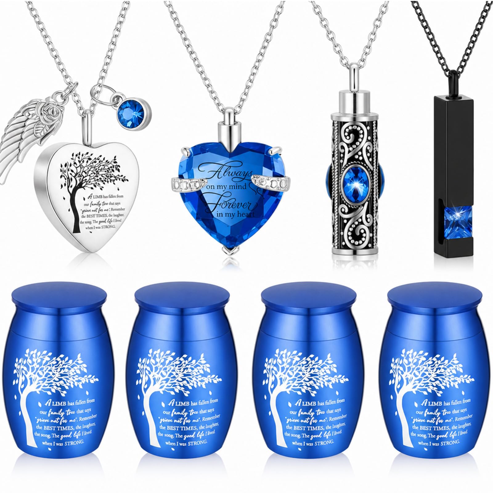 8Pcs Cremation Mini Urn Set with Jewellery, Tree of Life Memorial Keepsake Urns and Pendant Necklaces for Human or Pet Ashes, Small Funeral Ash Holder Keepsakes(Blue)