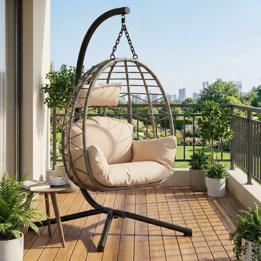 Garvee Hängesessel aus Rattan mit Metallgestell – klappbar, wetterfest, bis 150 kg belastbar, inkl. schwarzer Abdeckung – Outdoor & Indoor Ei-Schaukelstuhl für Garten, Balkon, Terrasse – Graues Rattan