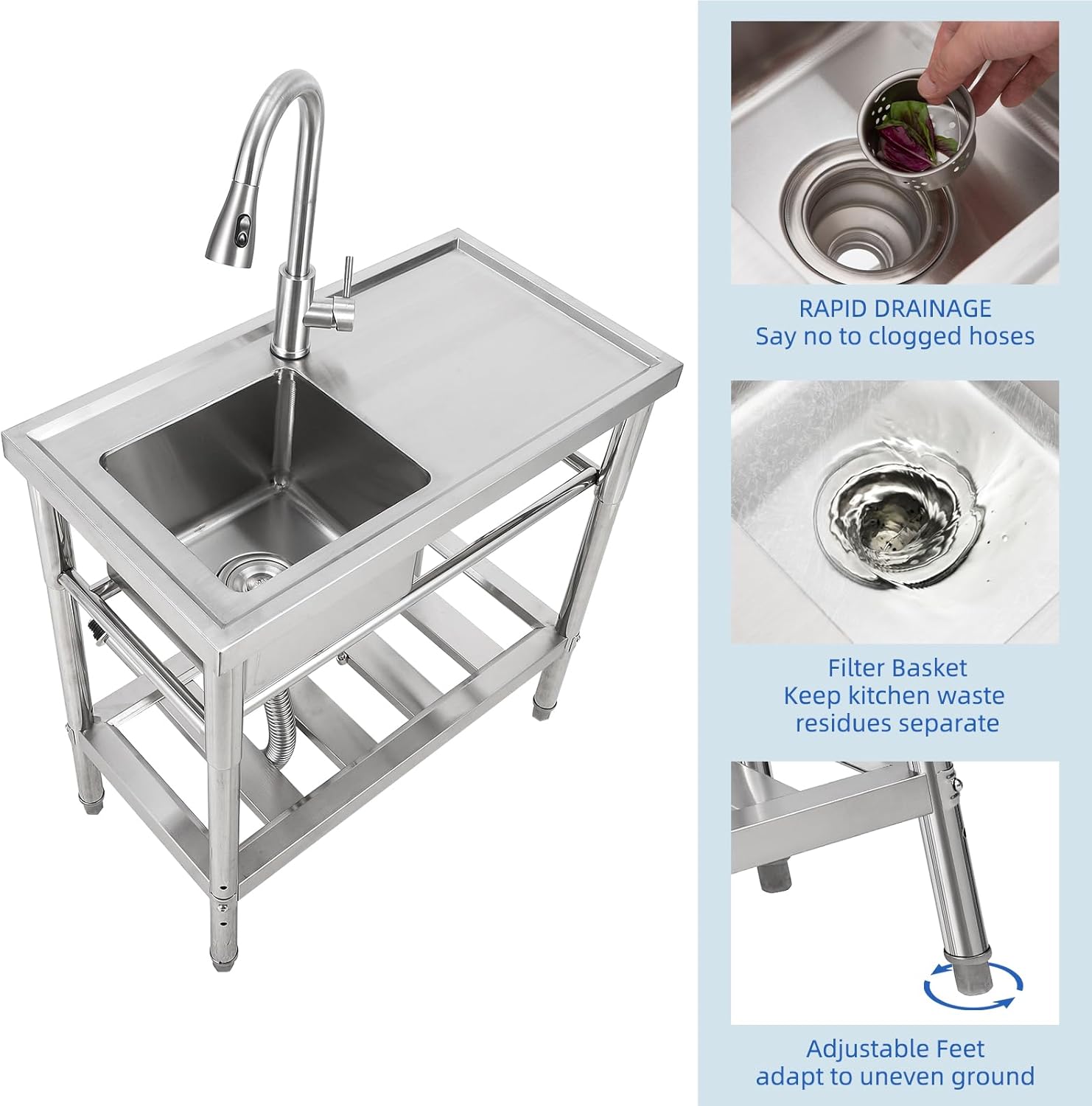 stainless steel sink,free standing sink With Pull-Out Faucet,Adjustable Support Feet,Certified by NSF,single bowl kitchen sinks With Hot & Cold Hoses 30 * 16 * 30inch, slivery