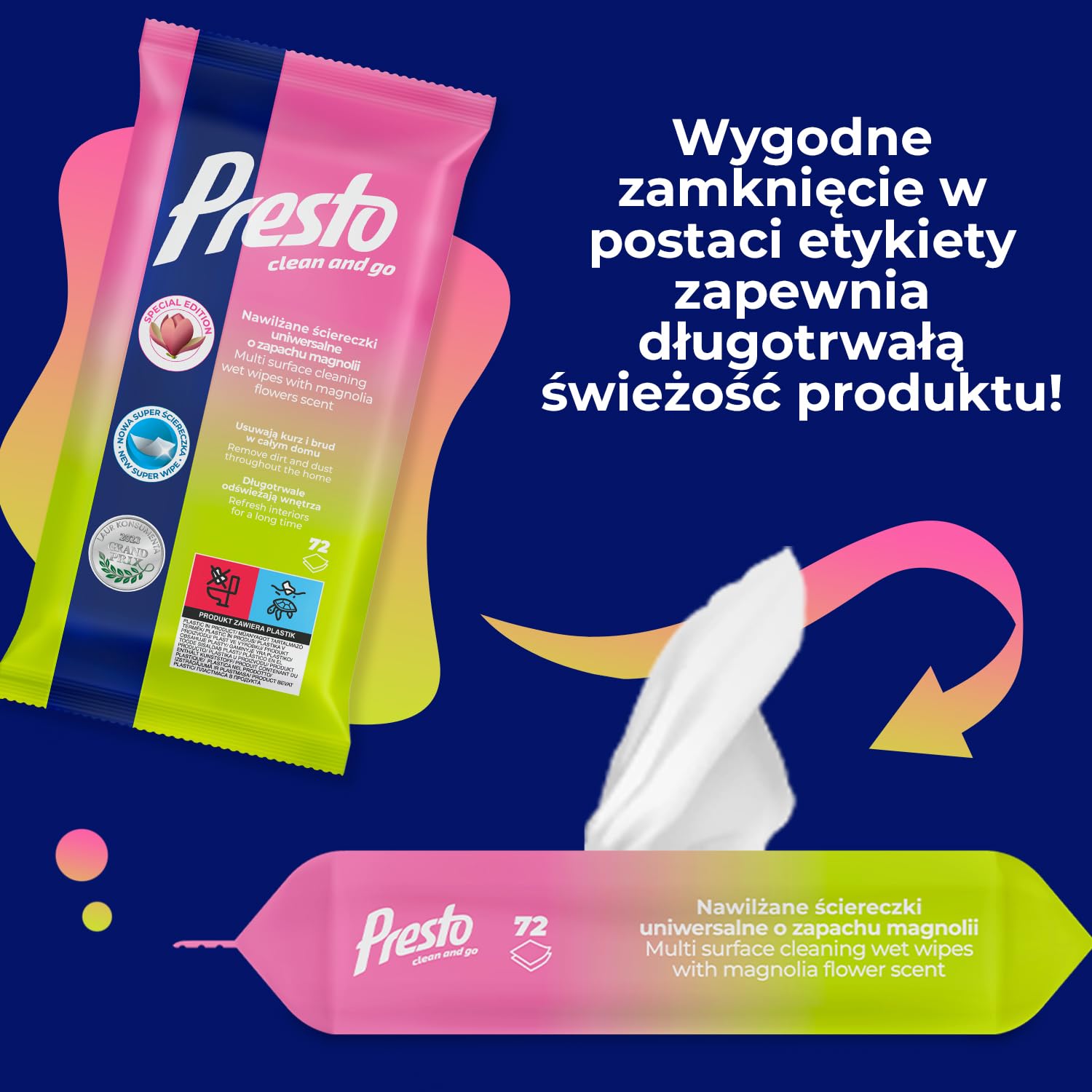 Presto Uniwersalne ściereczki do czyszczenia Magnolia – do gładkich powierzchni – szybkie i skuteczne czyszczenie – meble, terakota, panele, płytki – zapach kwiatów – 72 sztuki